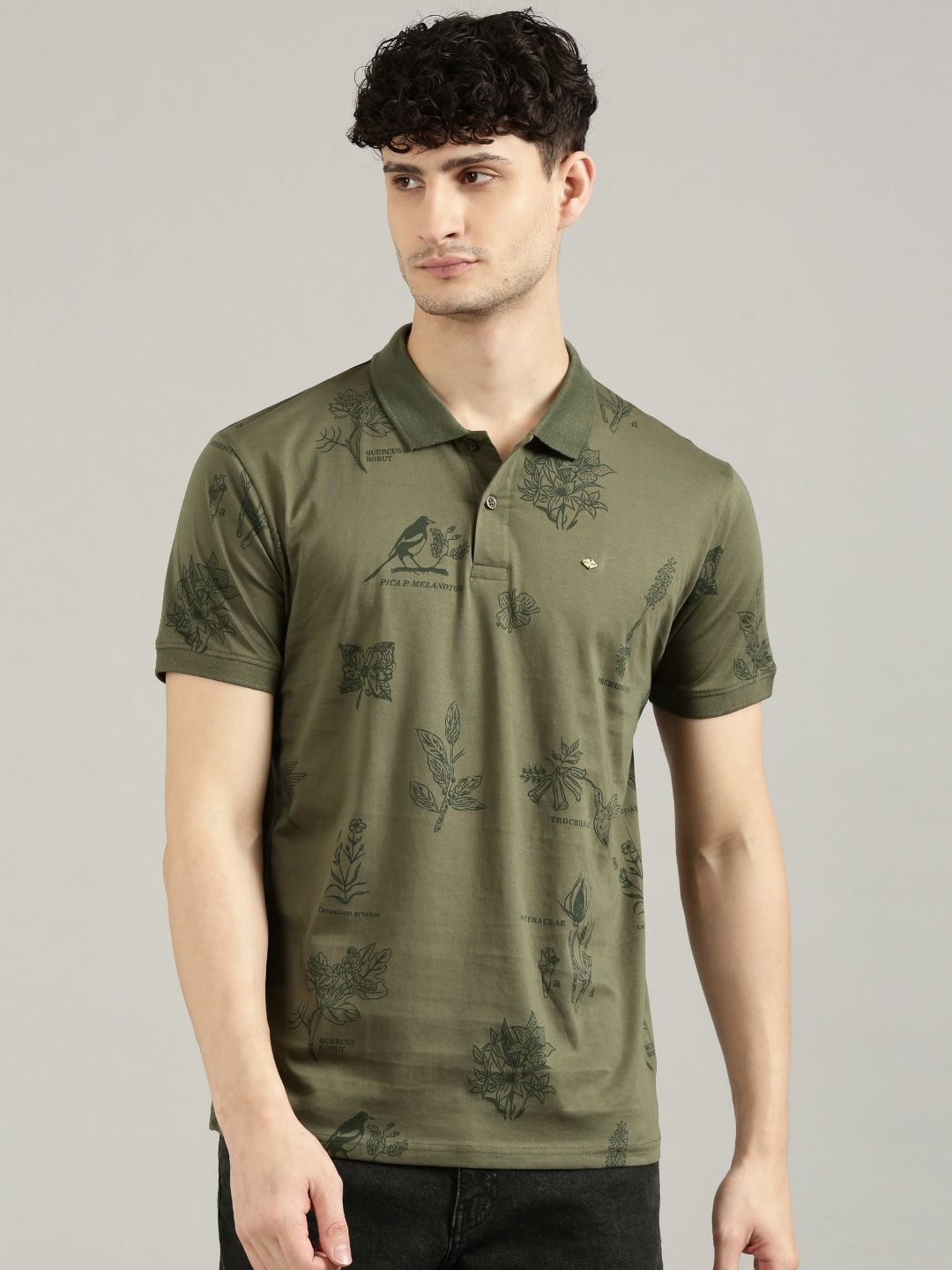 

Joven Men Floral Printed Polo Collar Cotton T-shirt, Olive