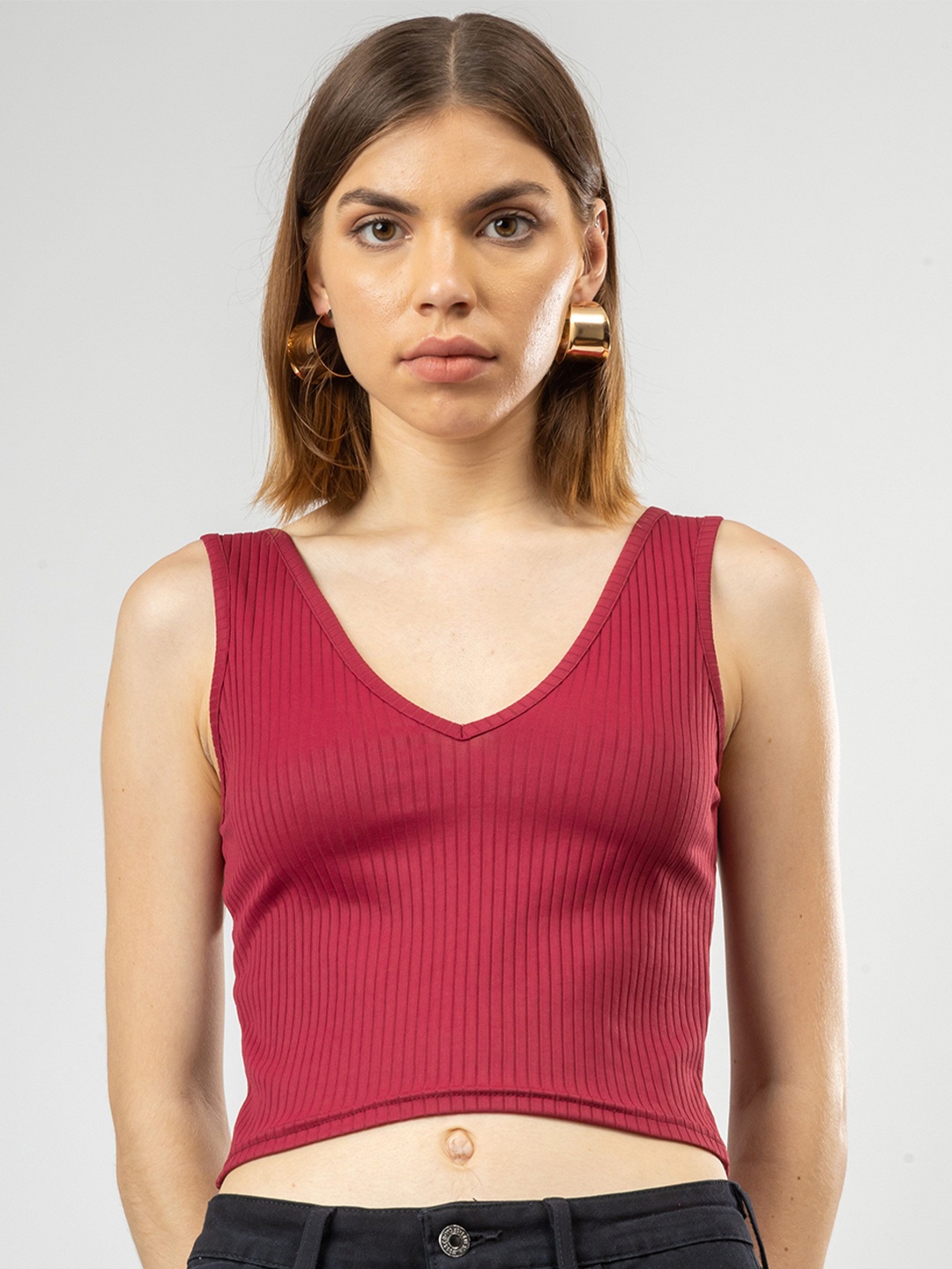 

Redamancii Women Solid V-Neck Polycotton Top, Maroon