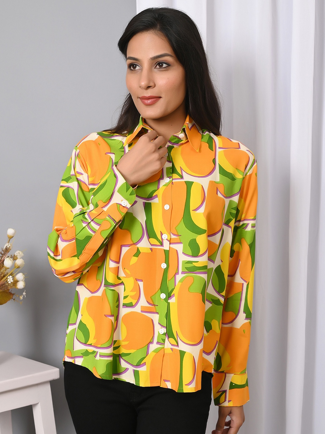 

IQRAAR Women Spread Collar Abstract Printed Casual Shirt, Orange