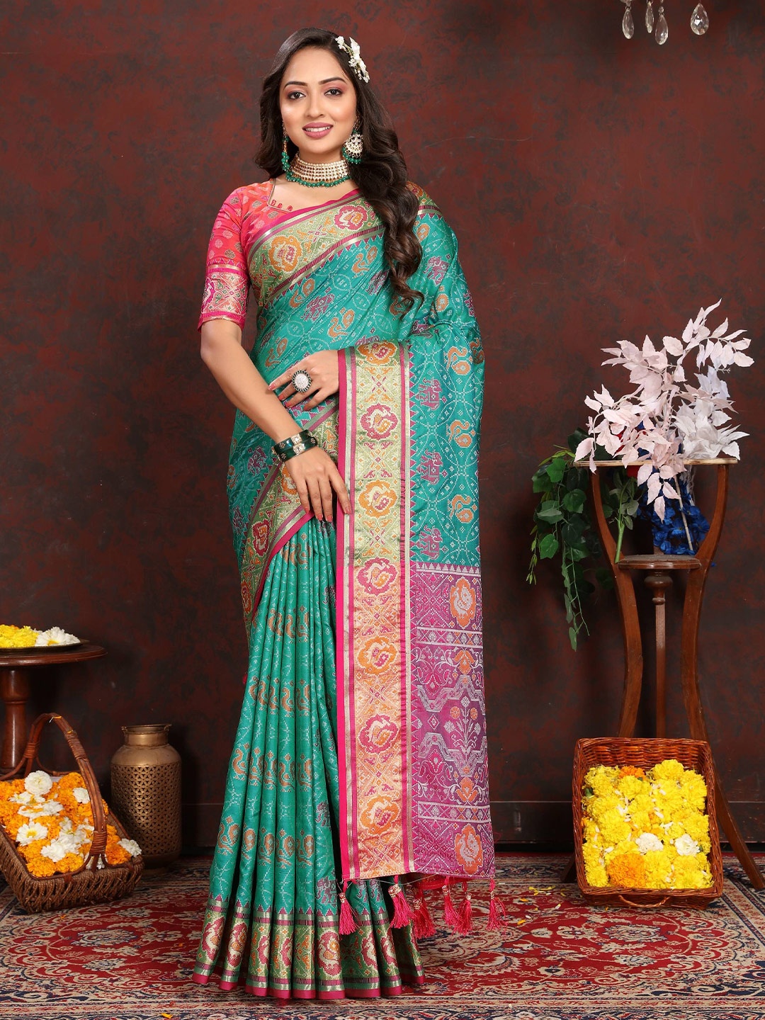 

Zeekha Kalamkari Zari Pure Silk Kanjeevaram Saree, Sea green