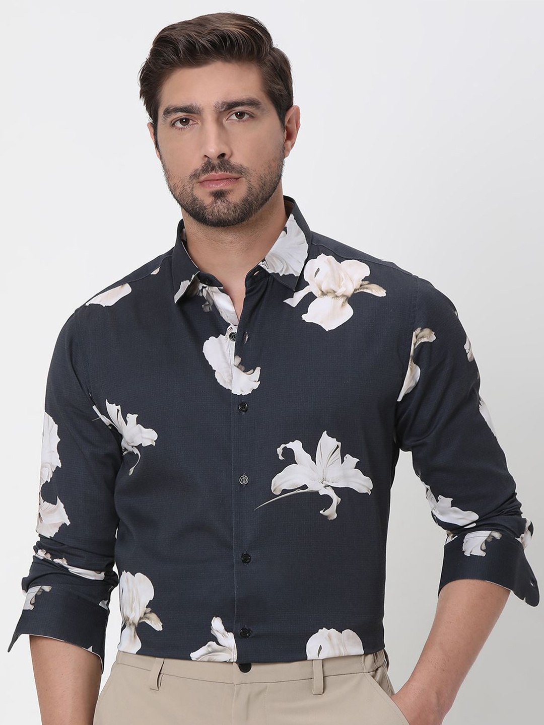 

Mufti Men Spread Collar Floral Printed Cotton Slim Fit Casual Shirt, Charcoal