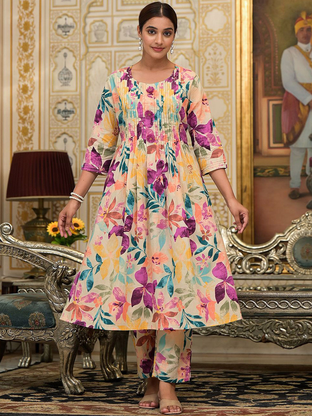 

Benaaz Floral Printed Pleated Pure Cotton Anarkali Kurta With Trousers, Yellow