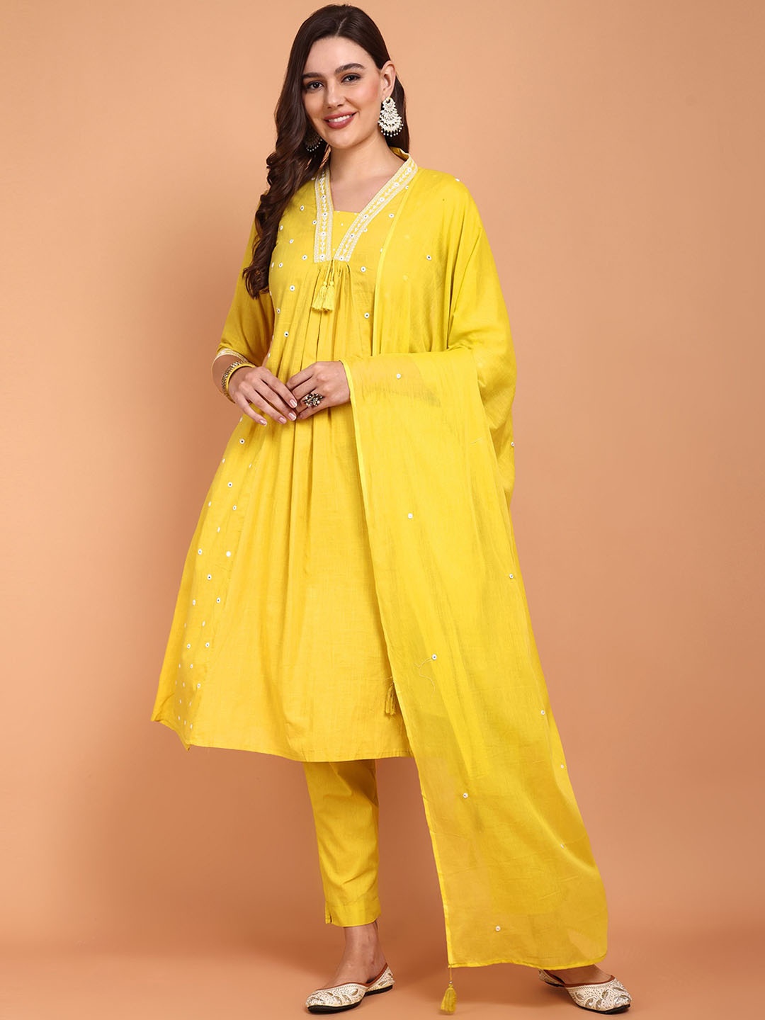 

Atha Fashion Embroidered Mirror Work Pure Cotton A-Line Kurta With Trousers & Dupatta, Yellow