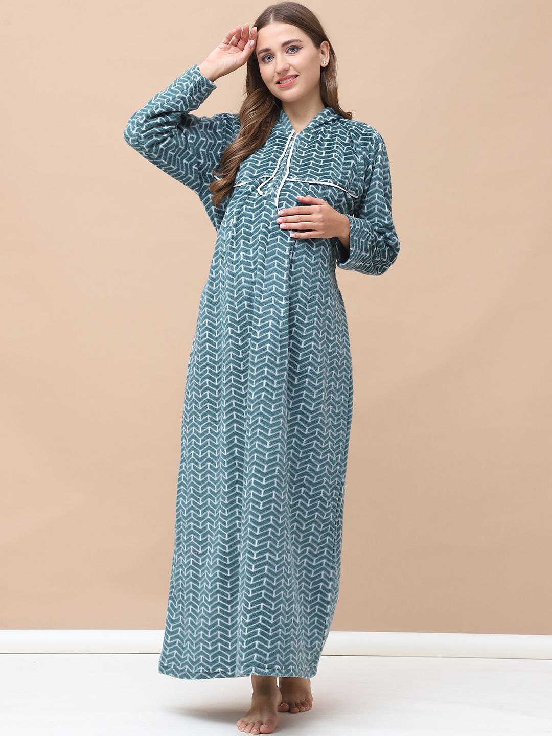 

Secret Wish Geometric Print Green Woolen Maternity Nighty Full Length with Hoodie