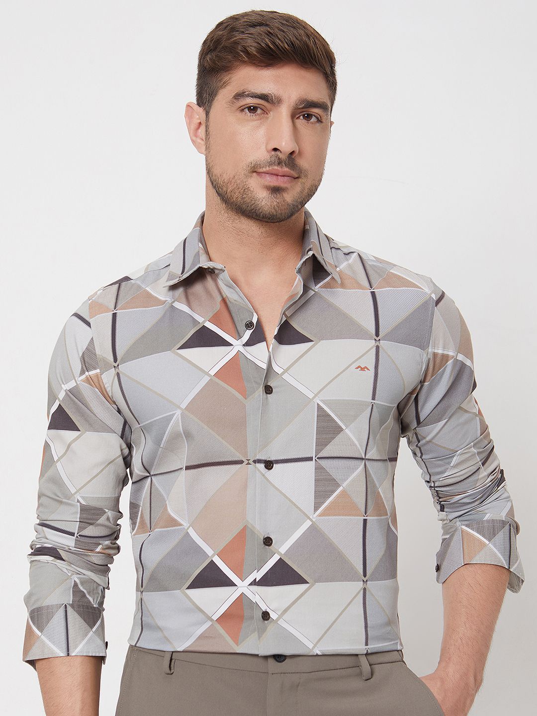 

Mufti Men Spread Collar Geometric Printed Cotton Slim Fit Casual Shirt, Grey