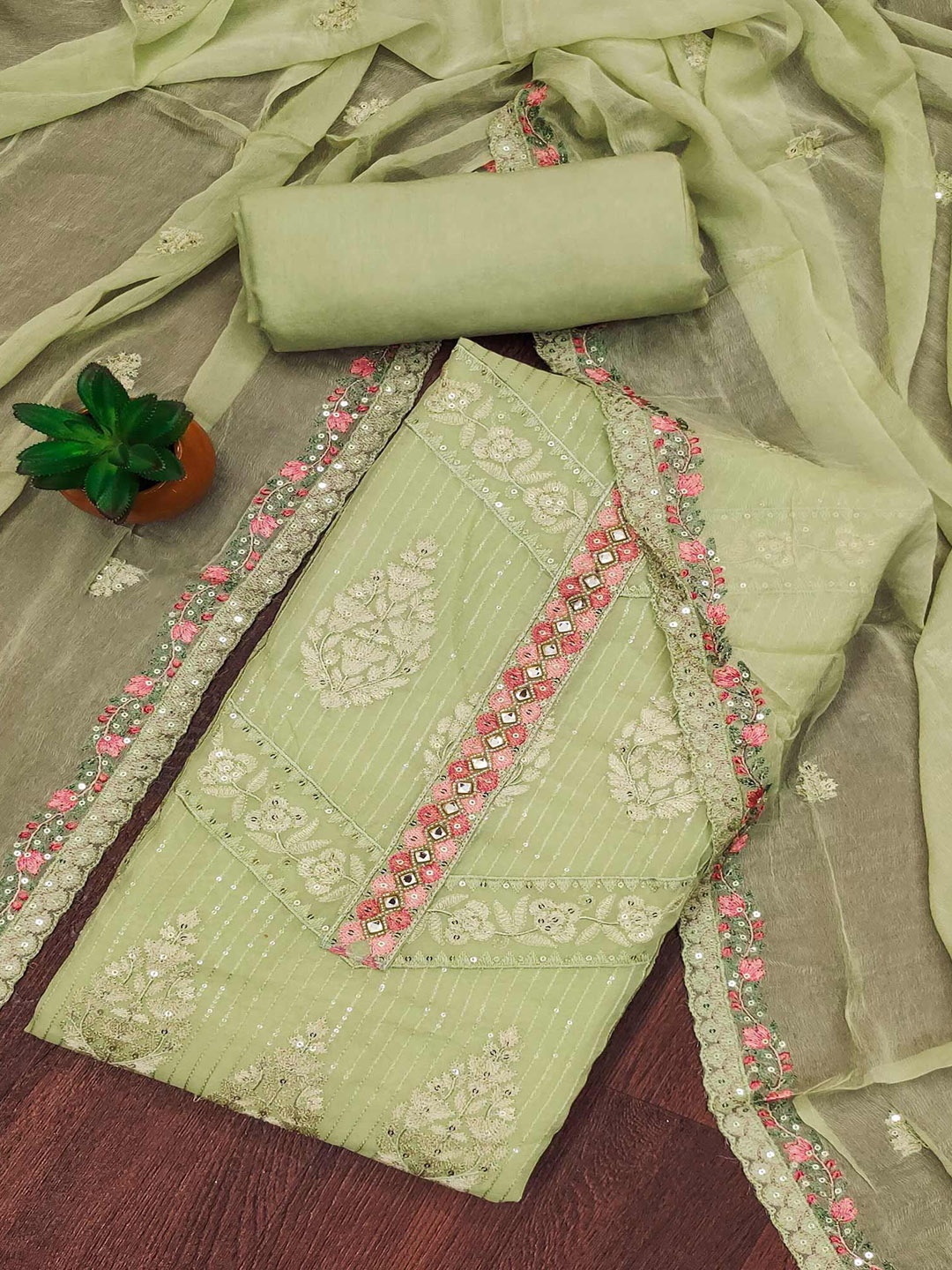 

Peachmode Floral Embroidered Sequinned Organza Unstitched Dress Material, Green