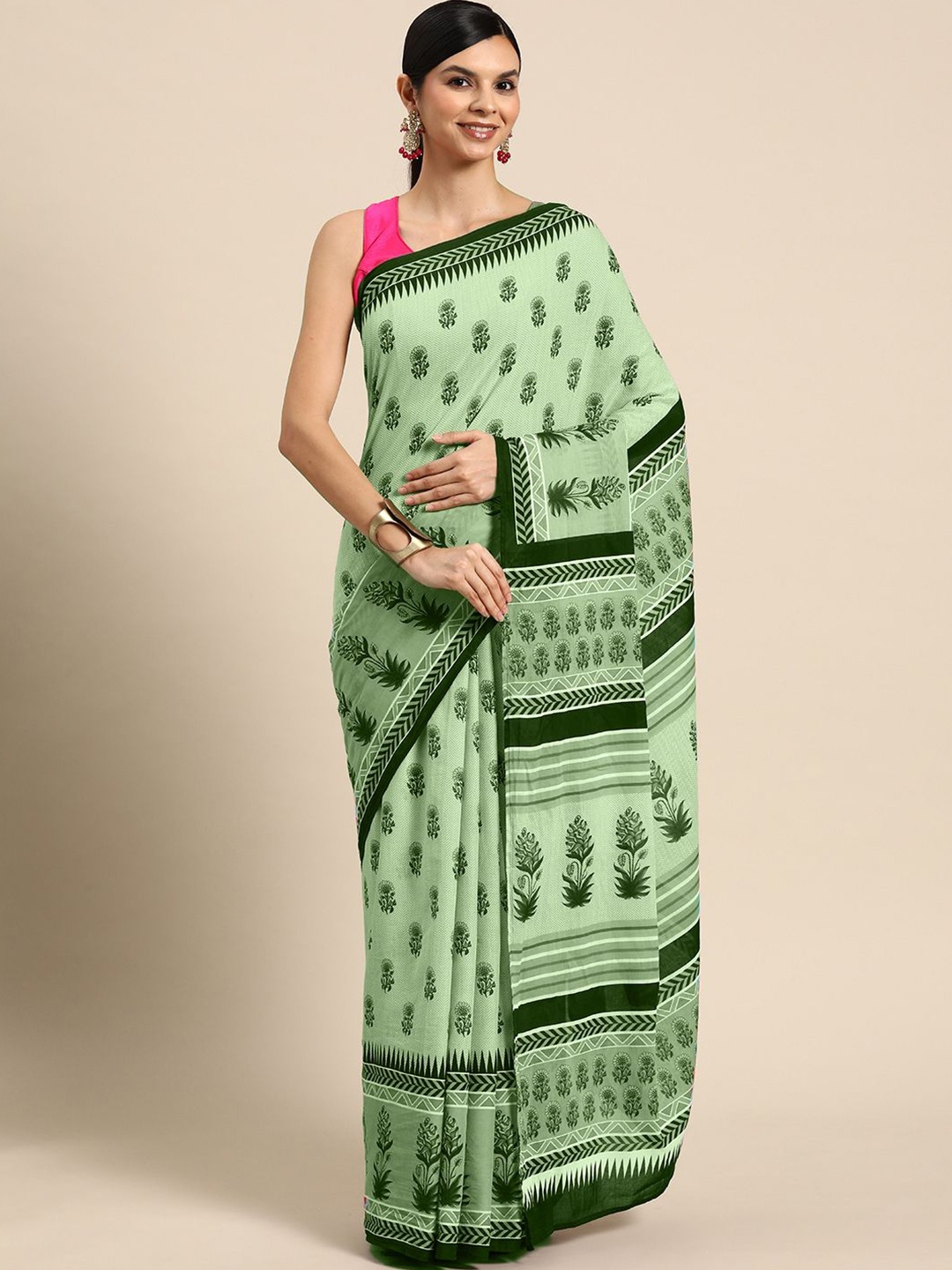 

BUTA BUTI Floral Pure Cotton Saree, Green