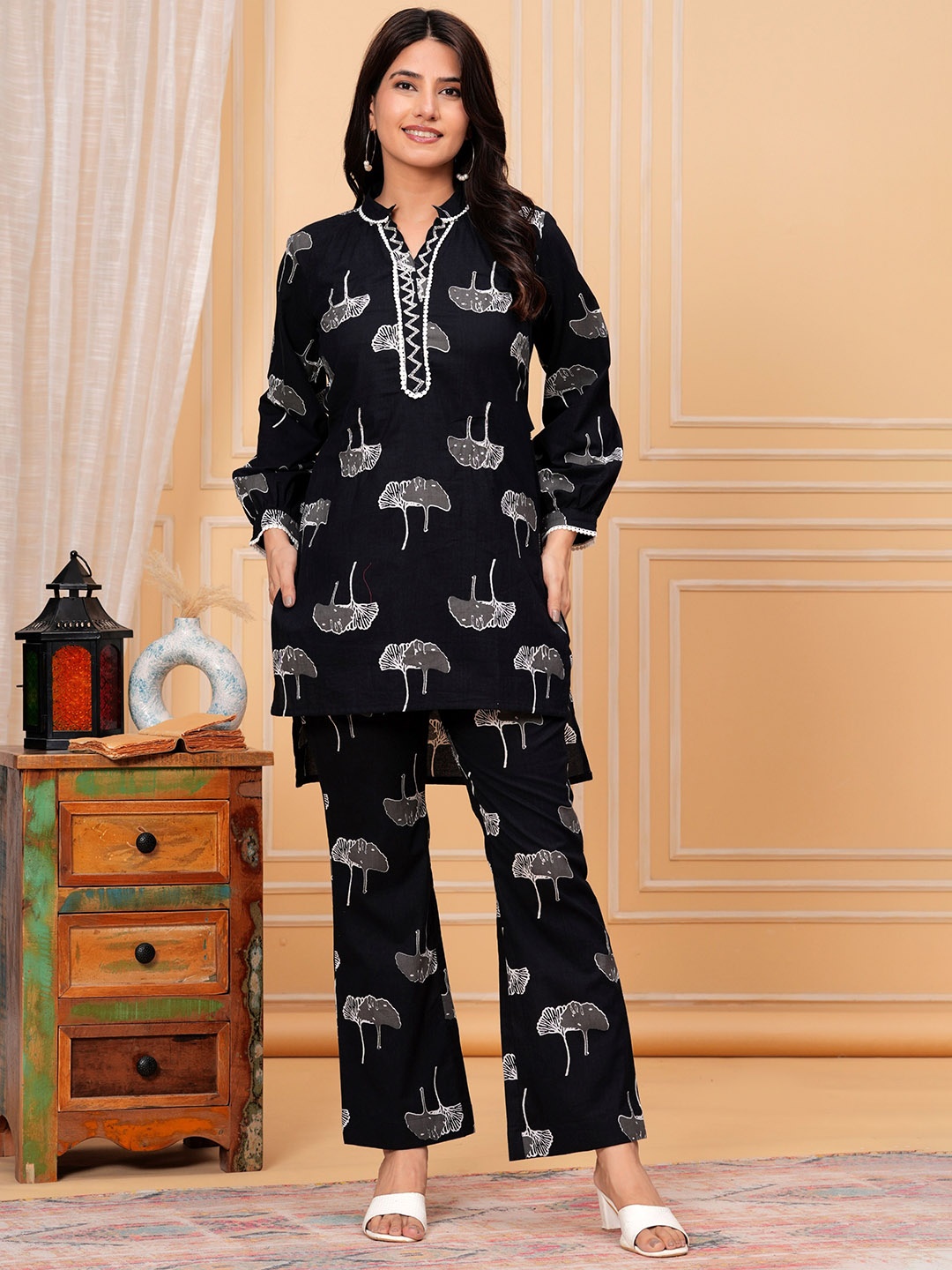 

DHROOV TARA Printed Pure Cotton Tunic With Trouser, Black