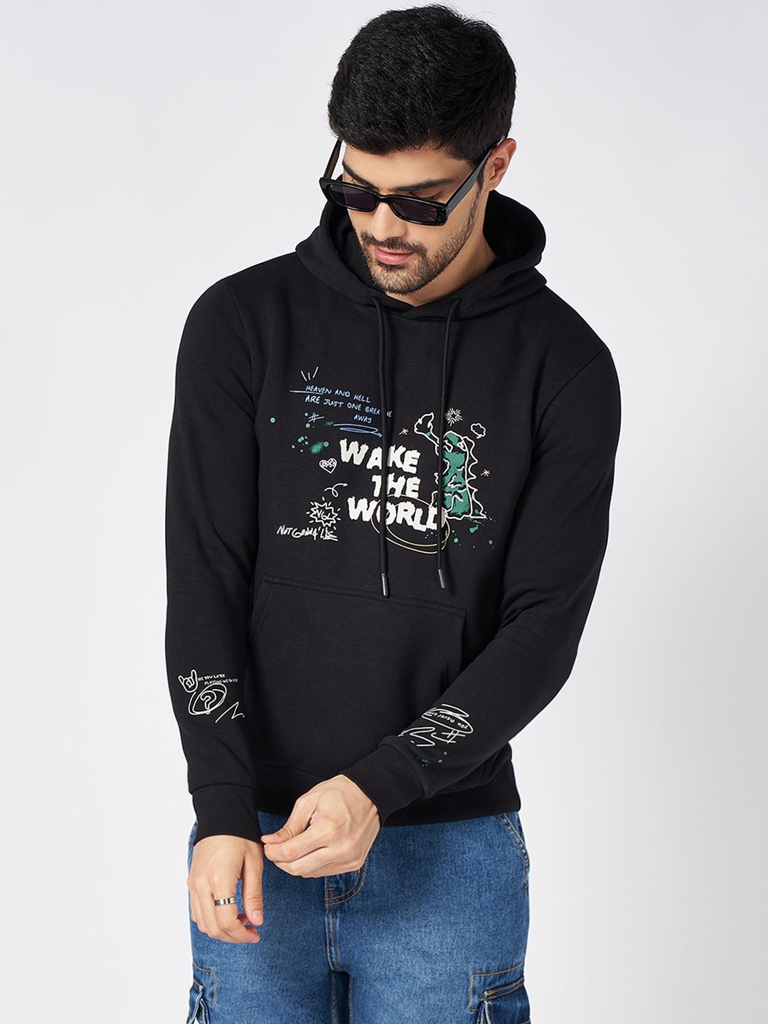 

People Men Typography Printed Hood Cotton Pullover Sweatshirt, Black