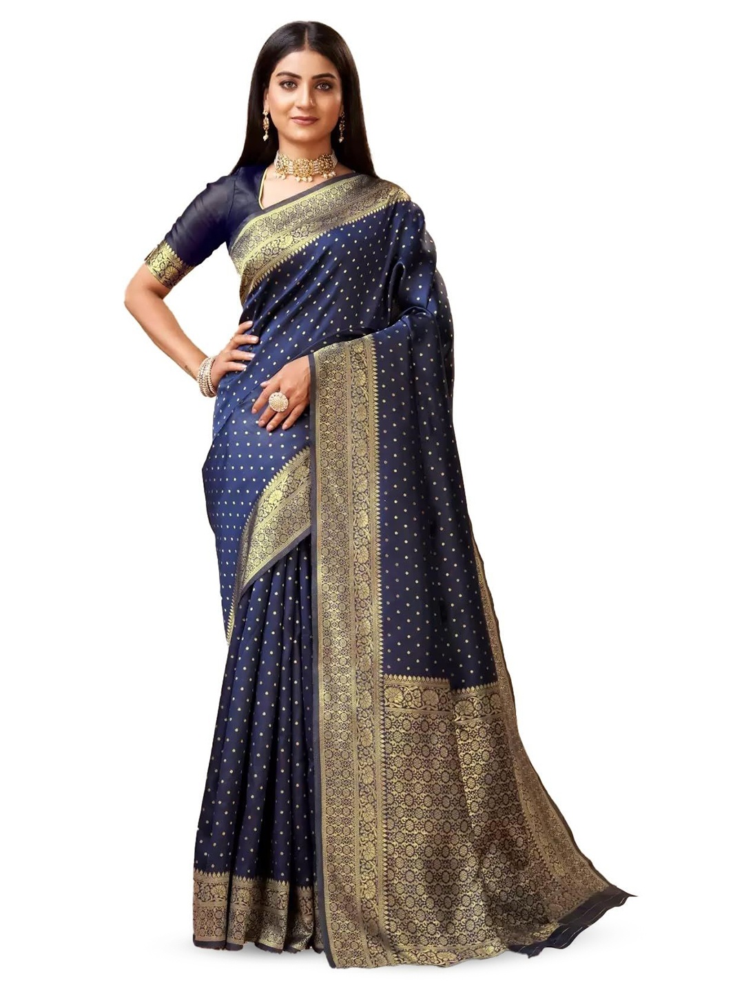 

QENY Woven Design Zari Art Silk Banarasi Saree, Navy blue