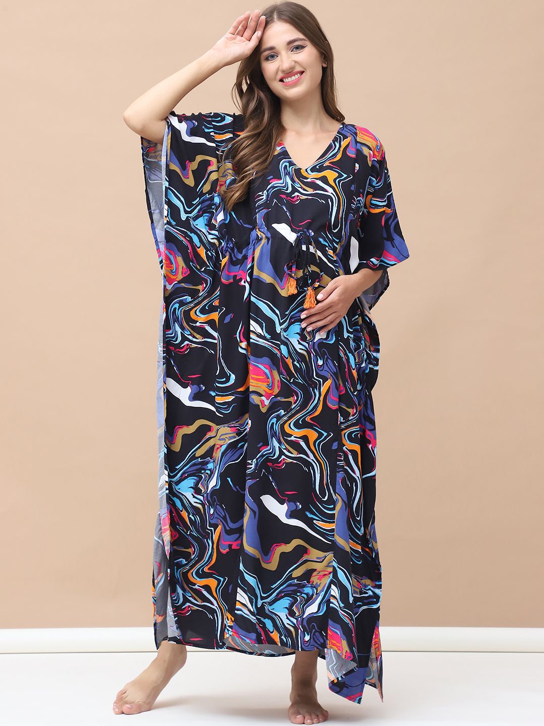 

Secret Wish Printed Kaftan Maxi Nightdress KF-LSM-111, Black