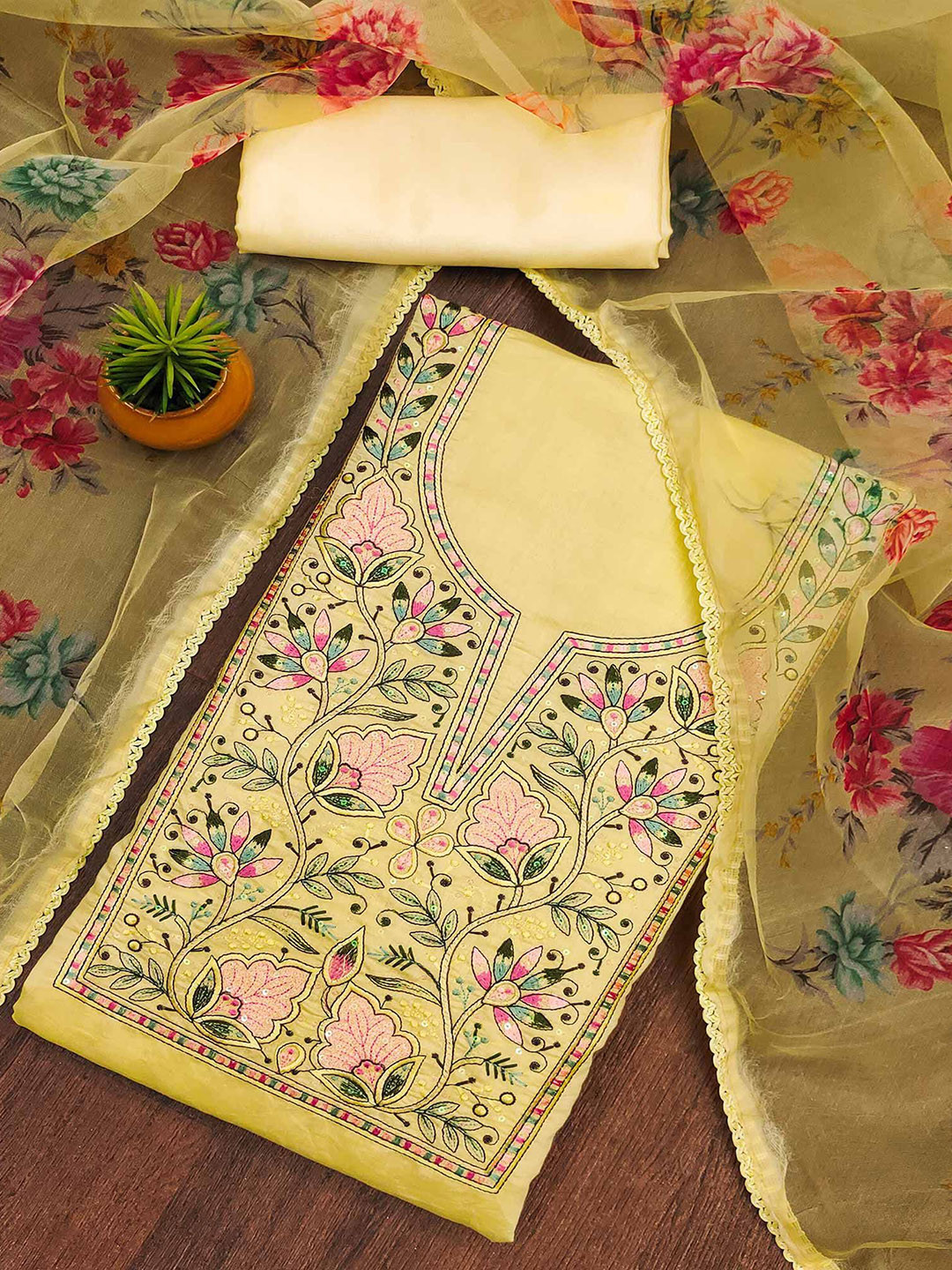 

Peachmode Ethnic Motifs Embroidered Sequinned Unstitched Dress Material, Yellow