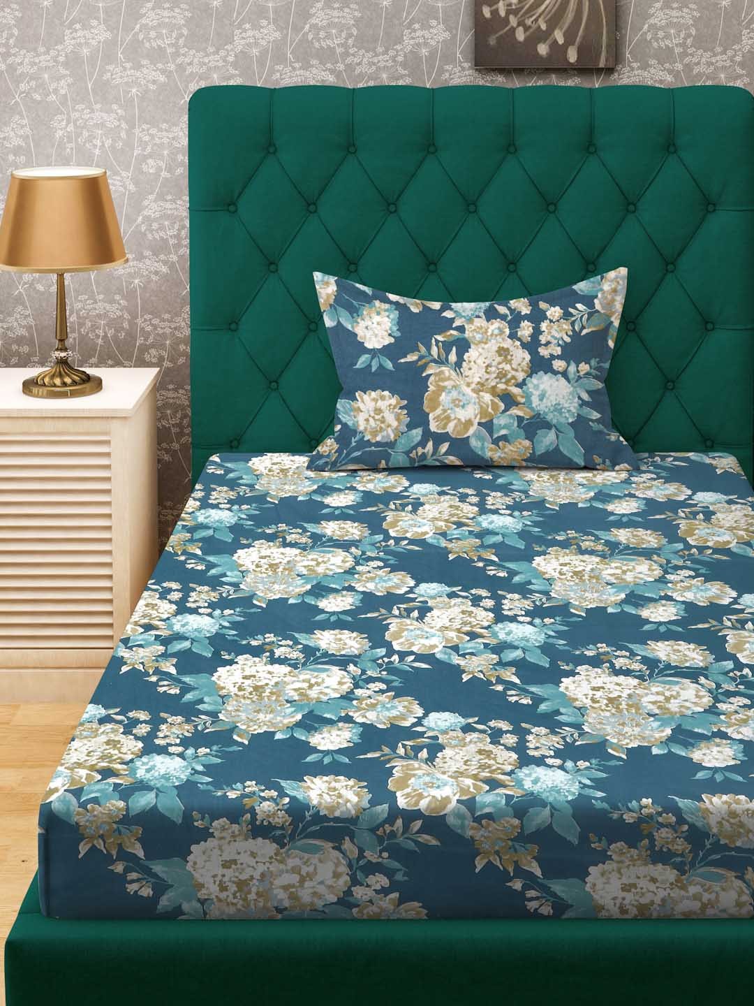 

ROSARA HOME Navy Blue & Blue Floral 144 TC Single Bedsheet with 1 Pillow Cover