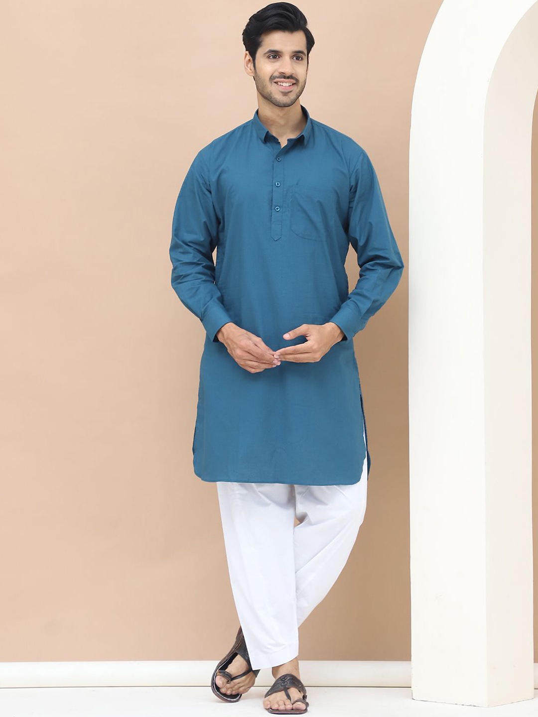 

TAG 7 Shirt Collar Cuffed Sleeves Pure Cotton Pathani Kurta With Salwar, Blue