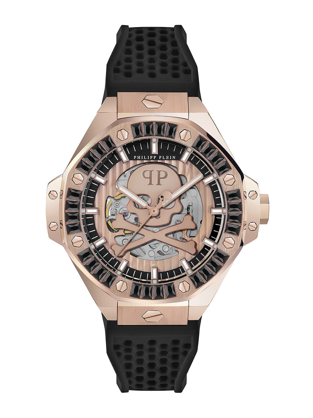 

PHILIPP PLEIN Men Brass Skeleton Dial & Textured Straps Analogue Watch PWPFA0324, Rose gold