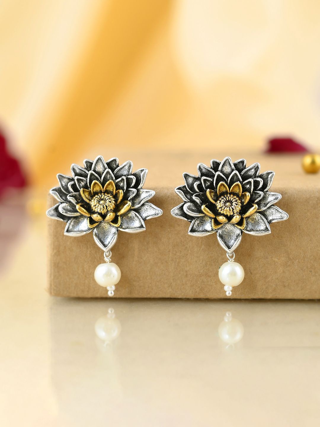 

Voylla Silver-Plated Beaded Qasbah Kusum Floral Oxidised Two Tone Drop Earrings