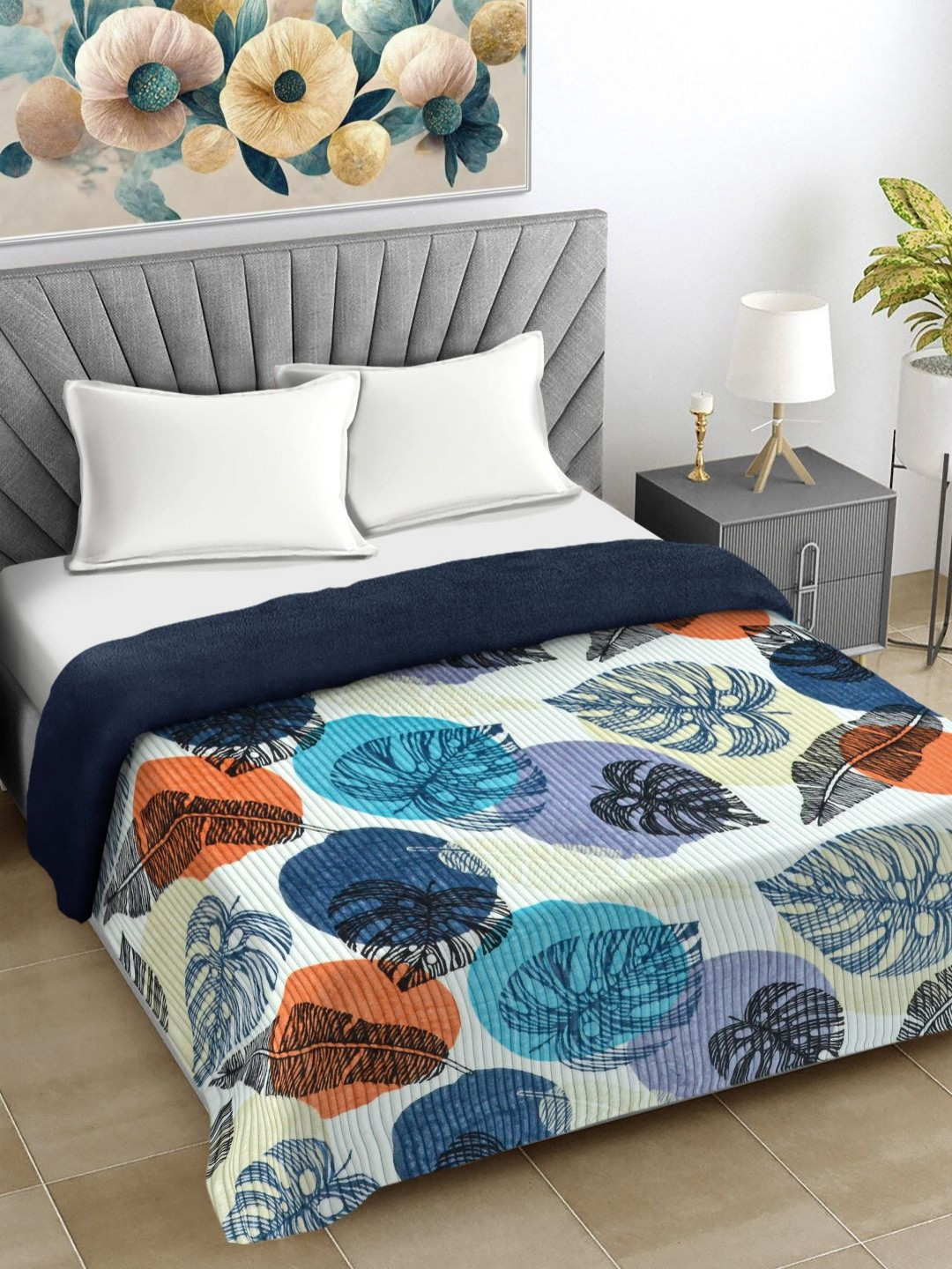 

FABINALIV Blue & Green Floral Printed Woollen Mild Winter 400 GSM Double Bed Comforter