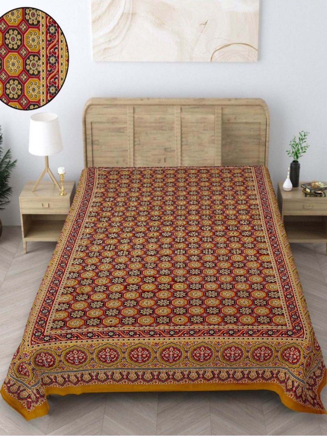 

INDHOME LIFE Yellow & Black Ethnic Motifs Printed Pure Cotton 210 TC Single Bedsheet