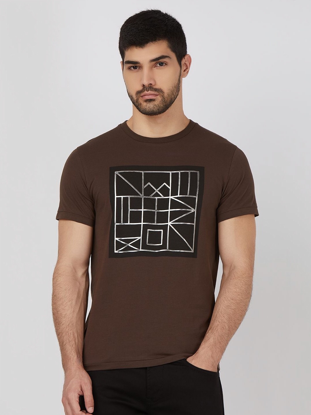 

Mufti Men Geometric Printed Round Neck Cotton Slim Fit T-shirt, Brown