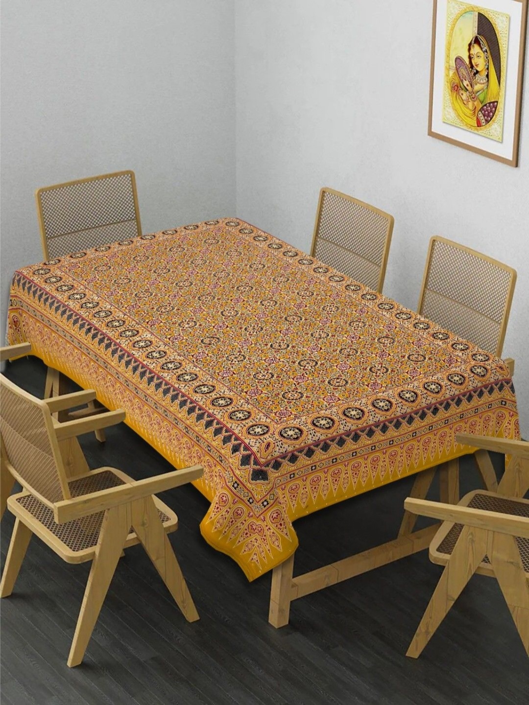 

INDHOME LIFE Yellow & Red Ethnic Motifs Printed Cotton 6-Seater Table Cover