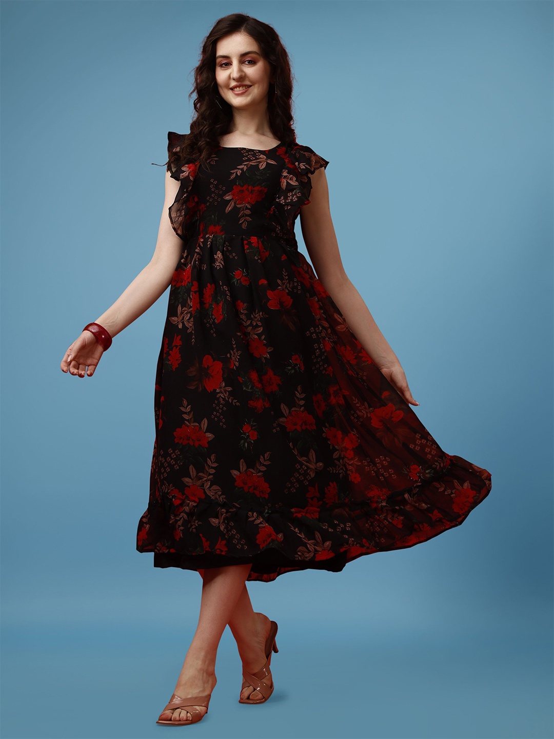 

Fashion2wear Women Floral Printed Fit And Flared Midi Dress, Black