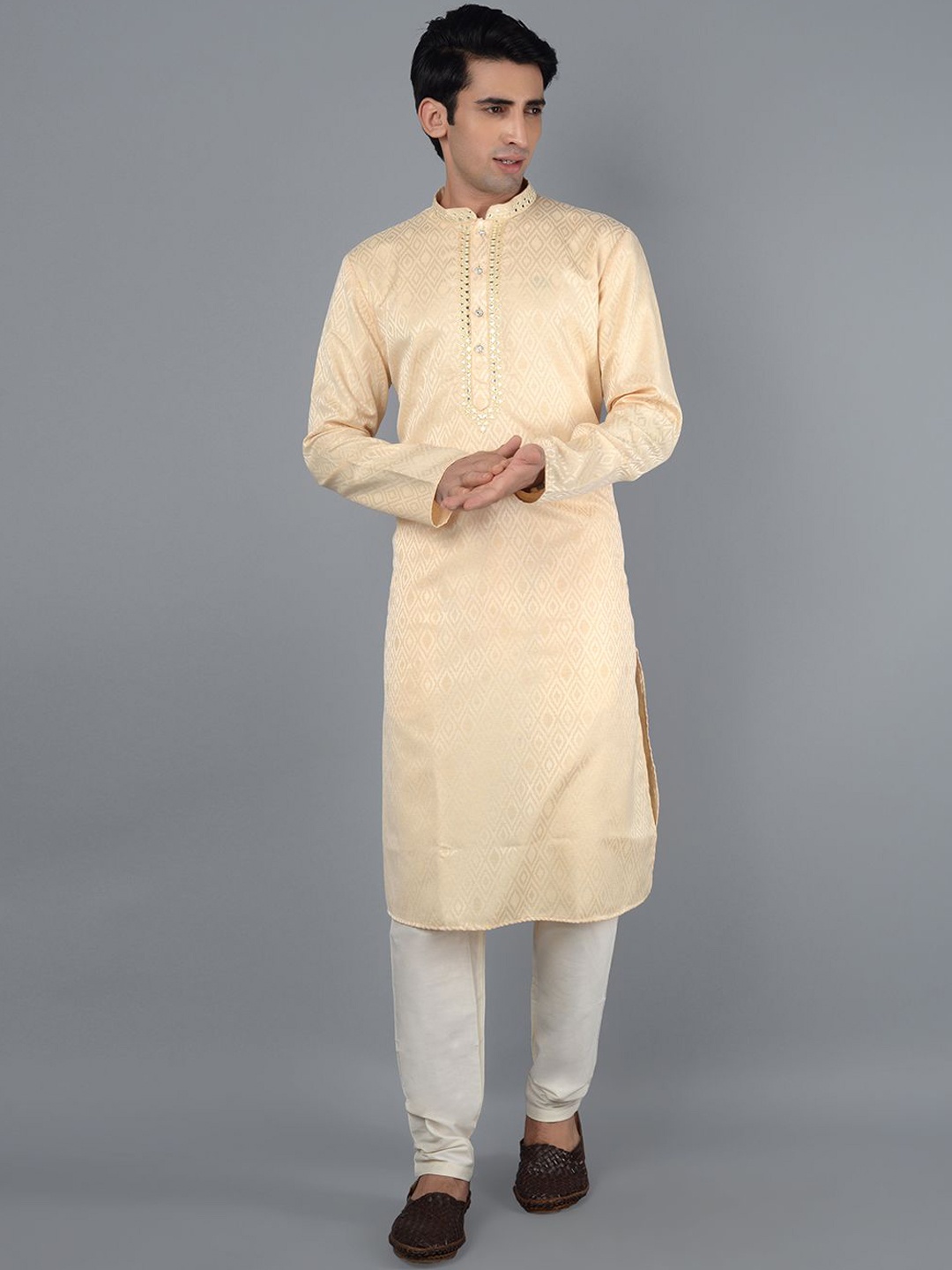 

azania Geometric Woven Design Mandarin Collar Straight Kurta With Churidar, Beige