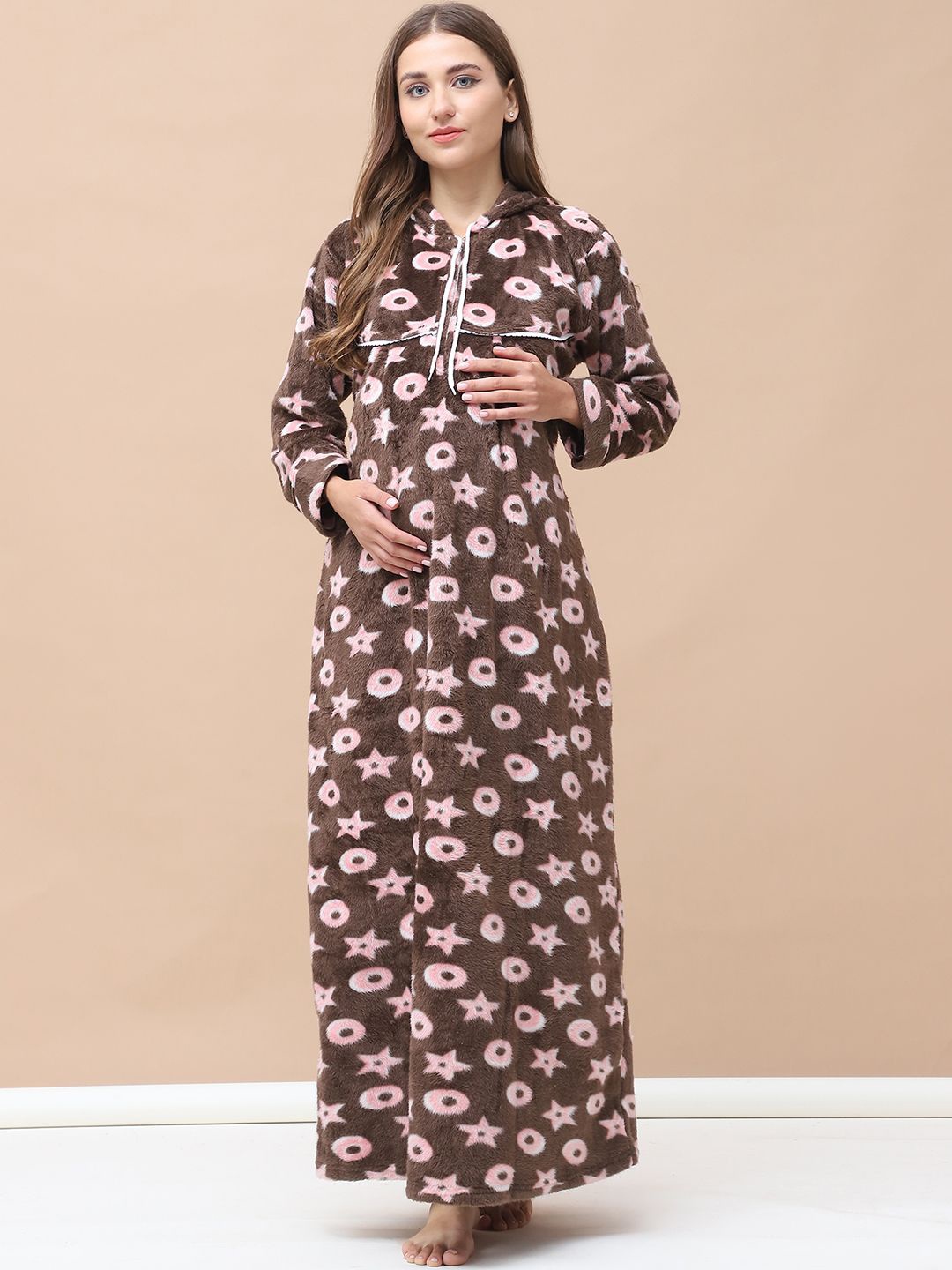 

Secret Wish Women Printed Maxi Maternity Nightdress, Brown