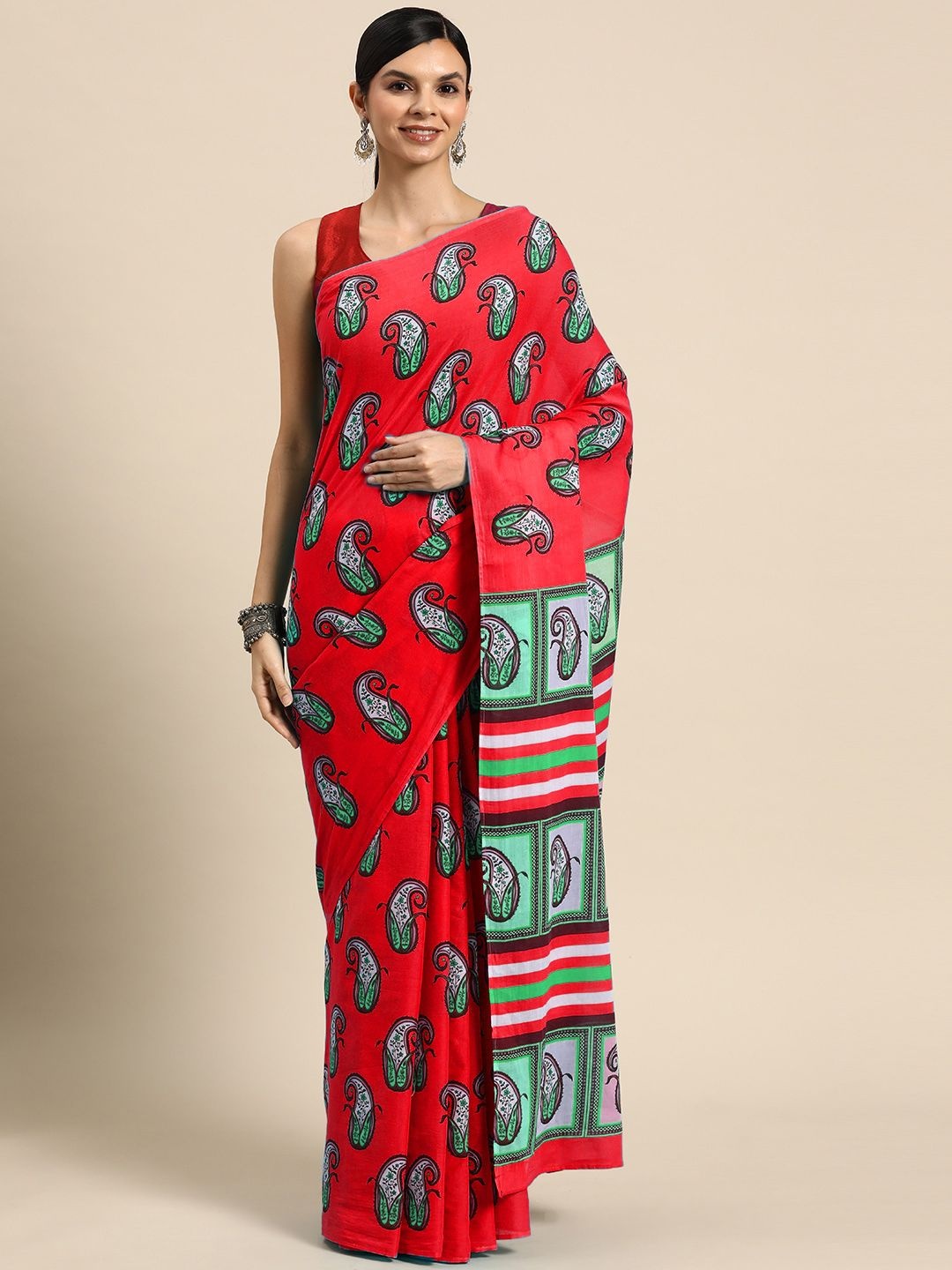 

BUTA BUTI Paisley Printed Pure Cotton Saree, Red