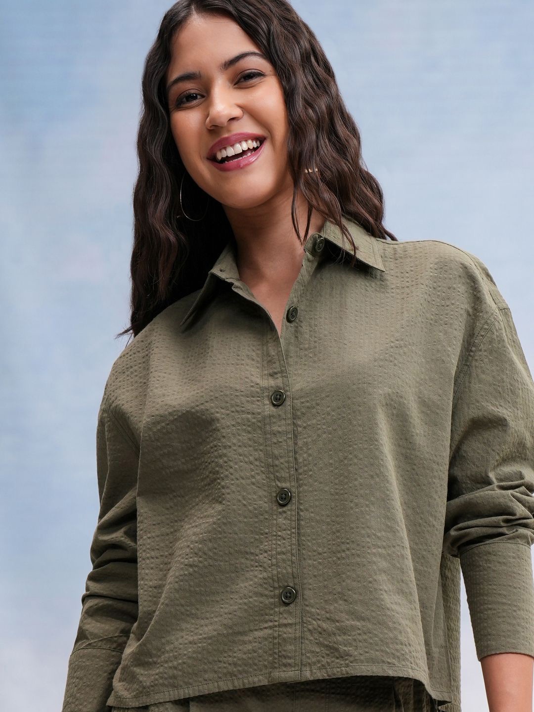 

Tokyo Talkies Women Yd Stripe Seersucker Shirt, Olive