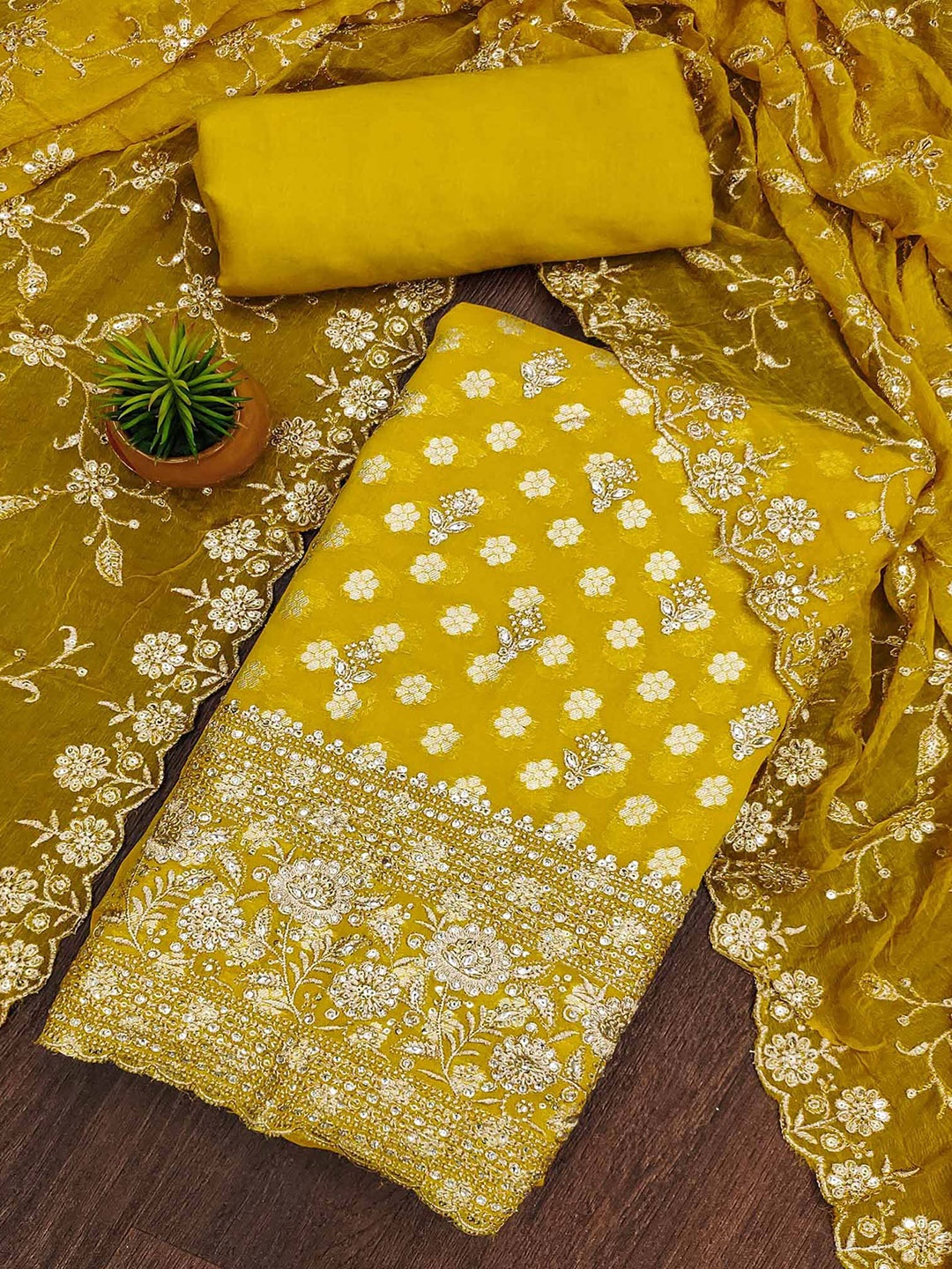 

Peachmode Embroidered Silk Georgette Unstitched Dress Material, Yellow