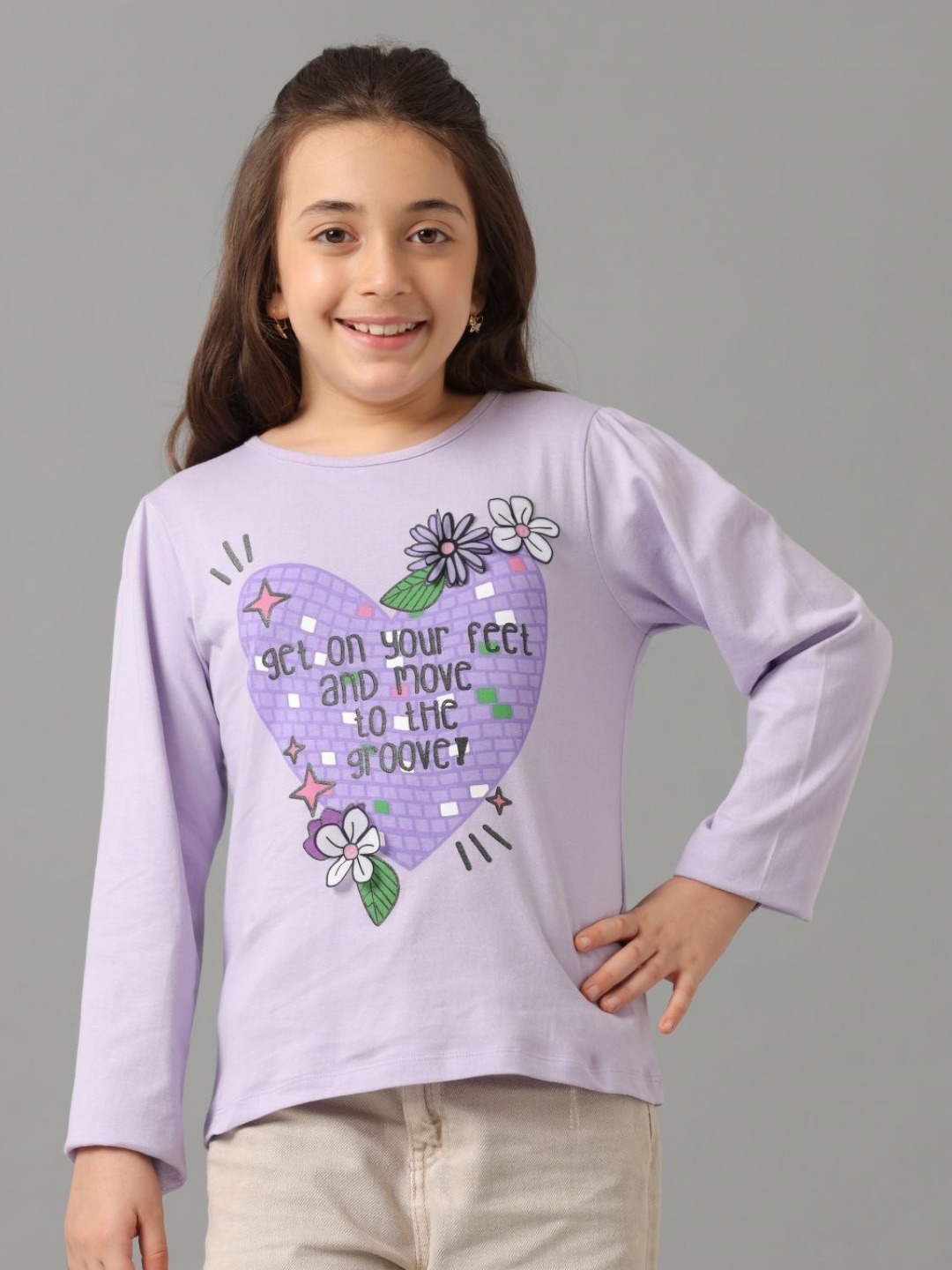 

UNDER FOURTEEN ONLY Girls Graphic Printed Round Neck Cotton T-shirt, Purple