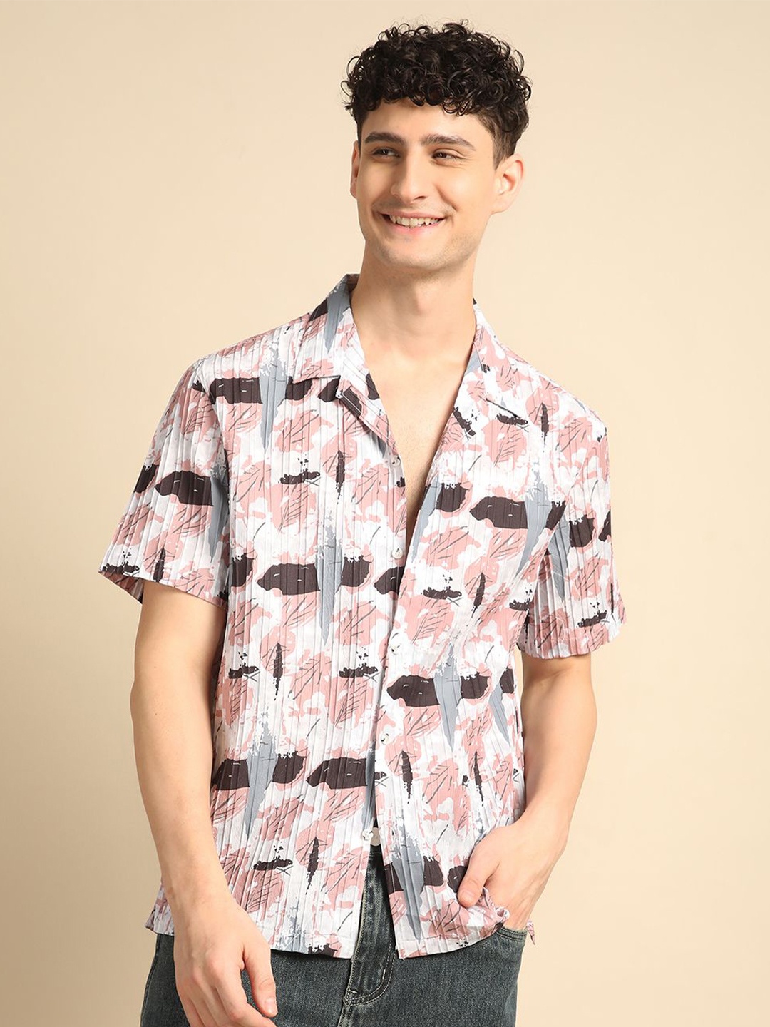 

Voroxy Men Relaxed Cuban Collar Abstract Printed Polycotton Casual Shirt, Peach