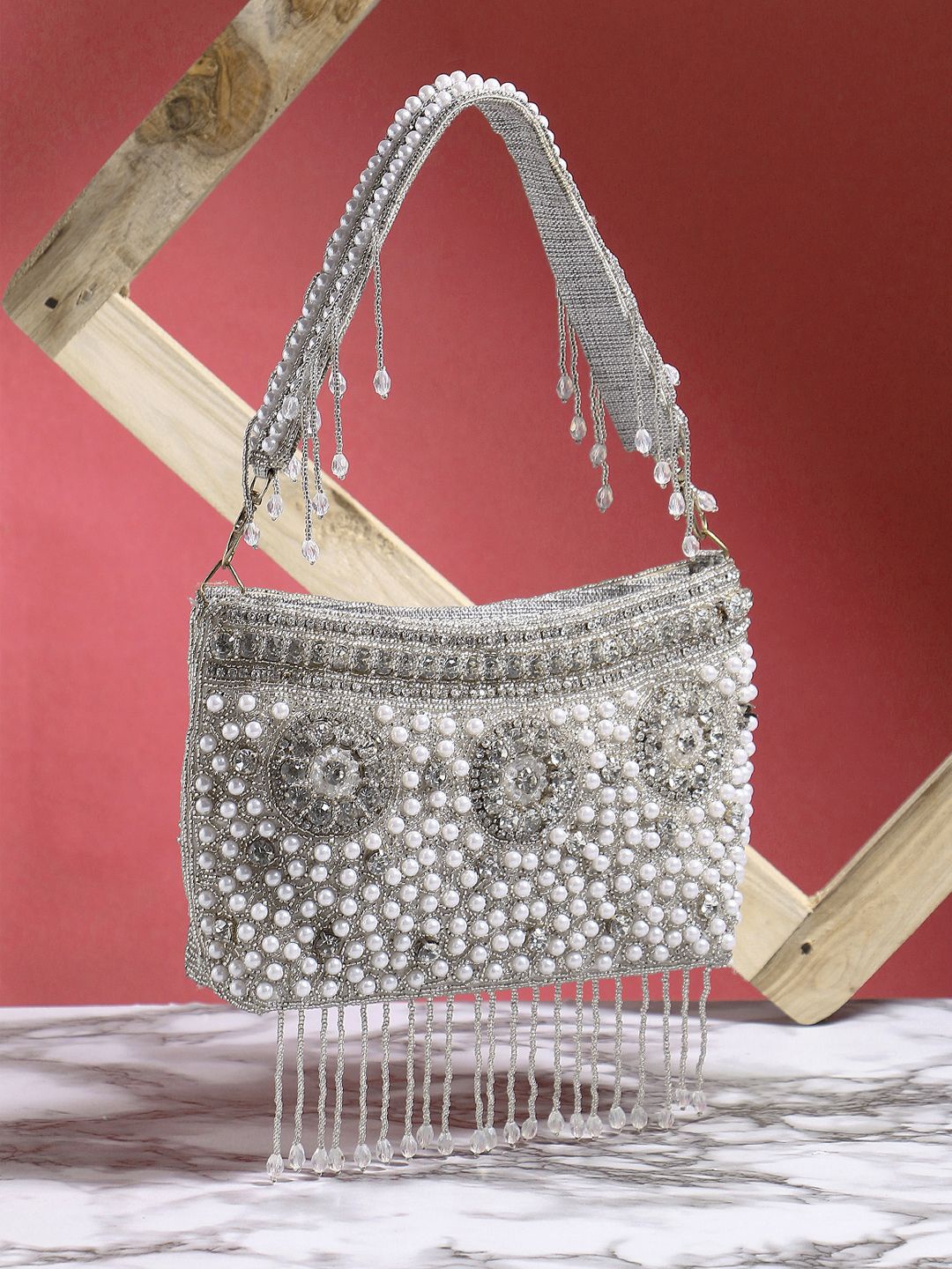 

Exotic Embroidered Tasselled Jute Purse Clutch, Silver