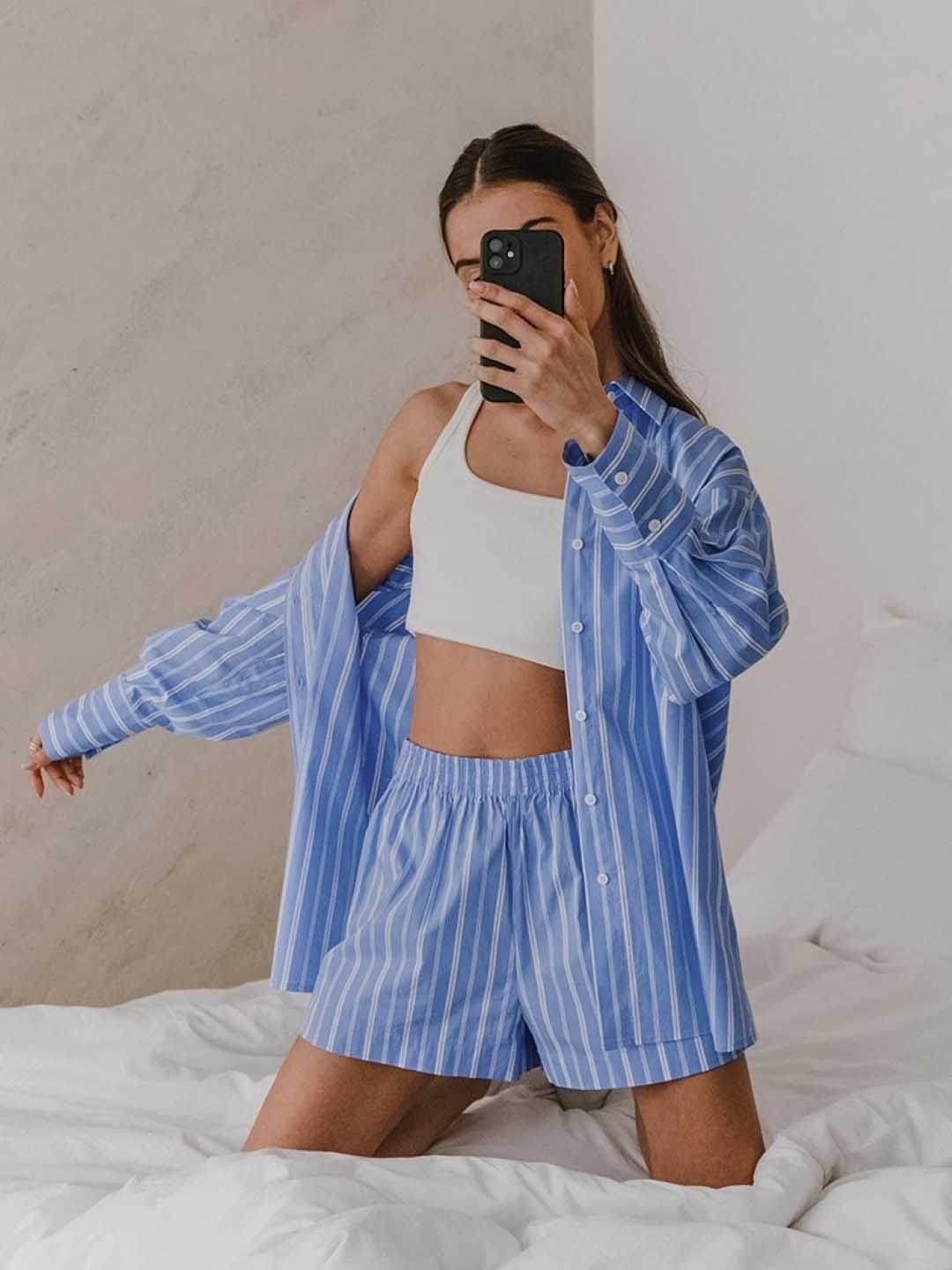 

KPOP Striped Shirt With Short, Blue