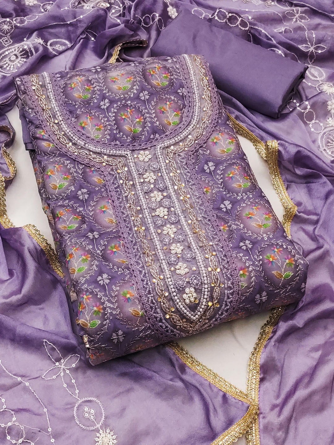 

KIMISHA Floral Embellished Beads and Stones Organza Unstitched Dress Material, Violet