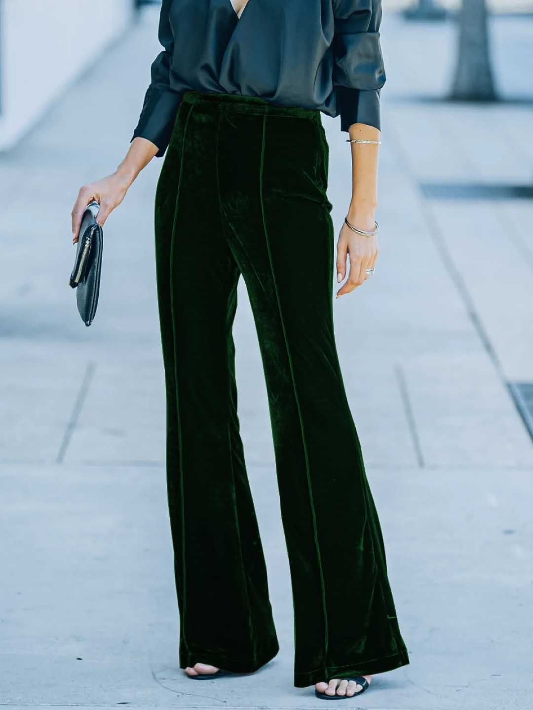 

KPOP Women Solid Wide Leg Velvet Trousers, Green