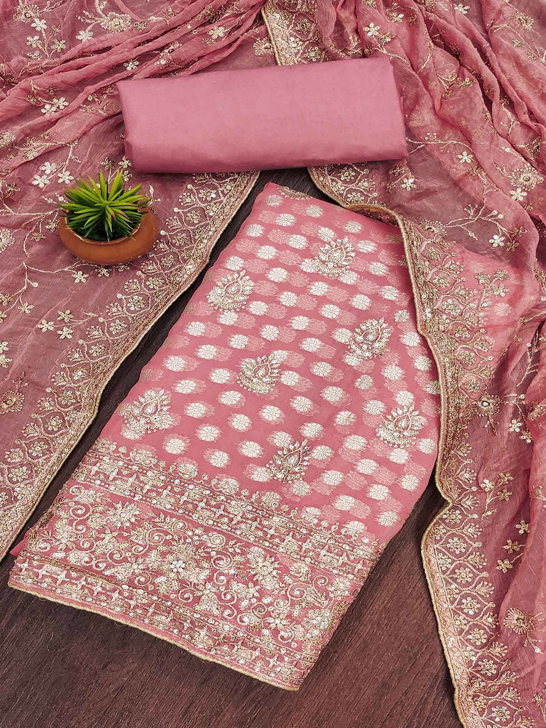 

Peachmode Embroidered Silk Georgette Unstitched Dress Material, Pink