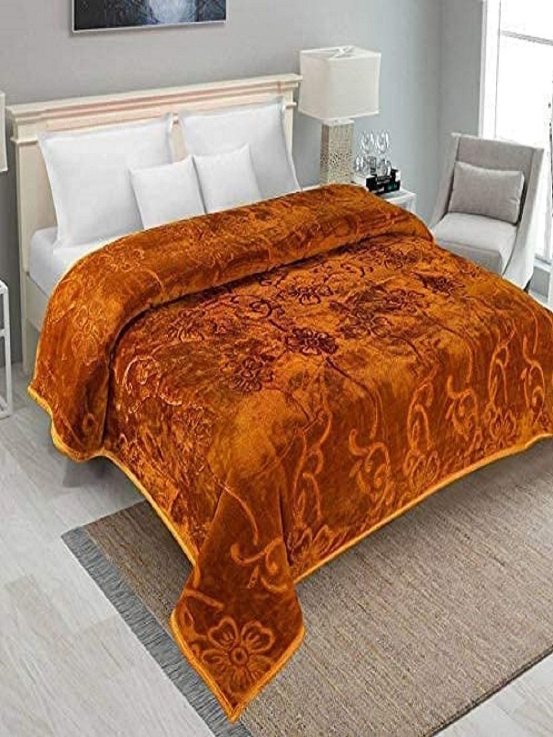 

CHICERY Mustard Floral Mink Heavy Winter 200 GSM Single Bed Blanket
