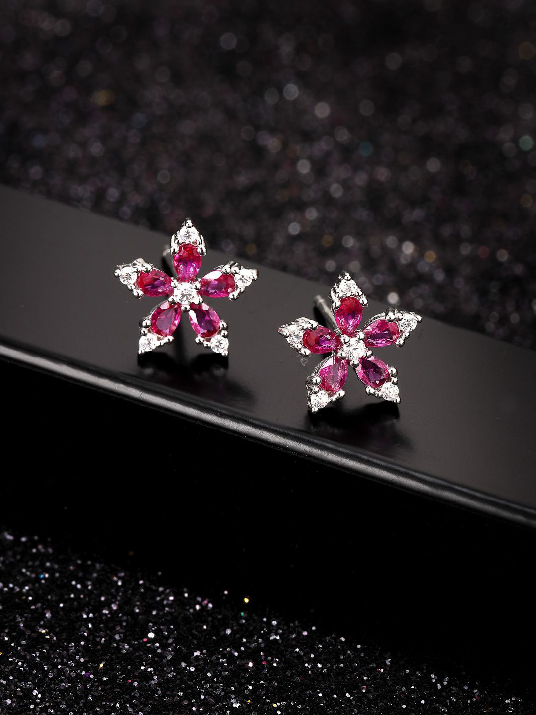 

PANASH 925 Sterling Silver Floral Rhodium-Plated Cubic Zirconia Studded Earrings