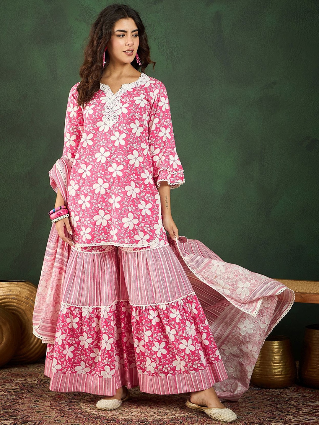 

Sangria Pink Floral Printed Lace Detail Pure Cotton Kurti With Sharara & Dupatta