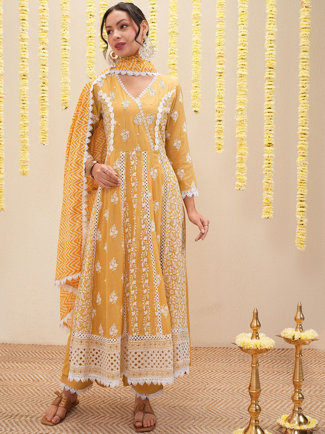 

Vishudh Floral Embroidered Pure Cotton Anarkali Kurta with Trousers & With Dupatta, Beige