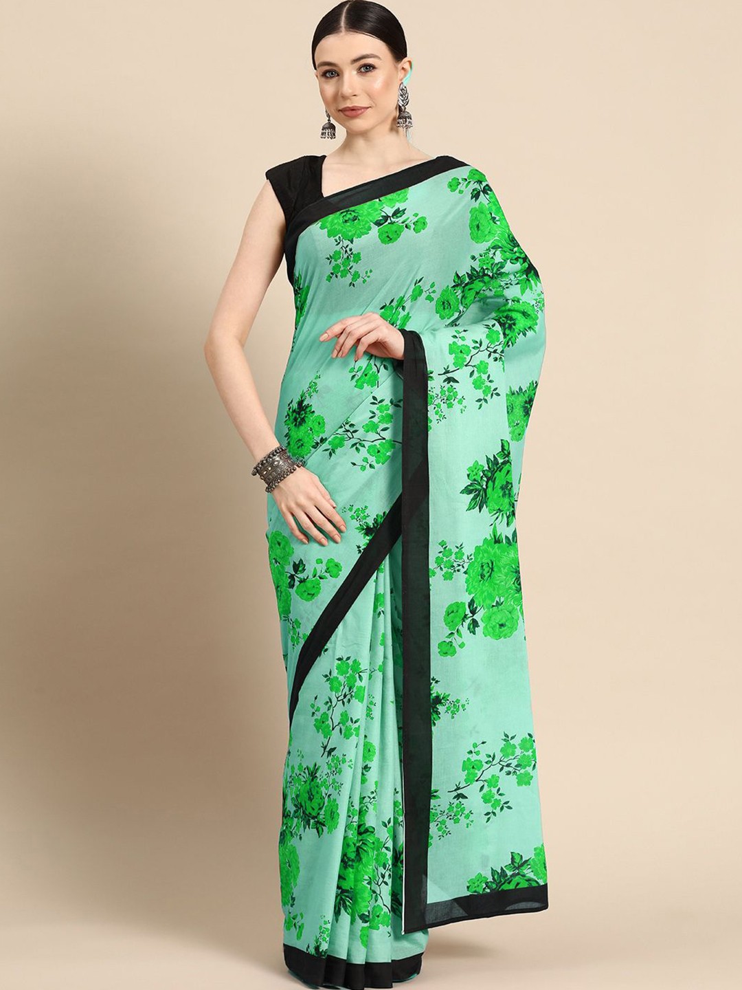 

BUTA BUTI Floral Pure Cotton Saree, Green