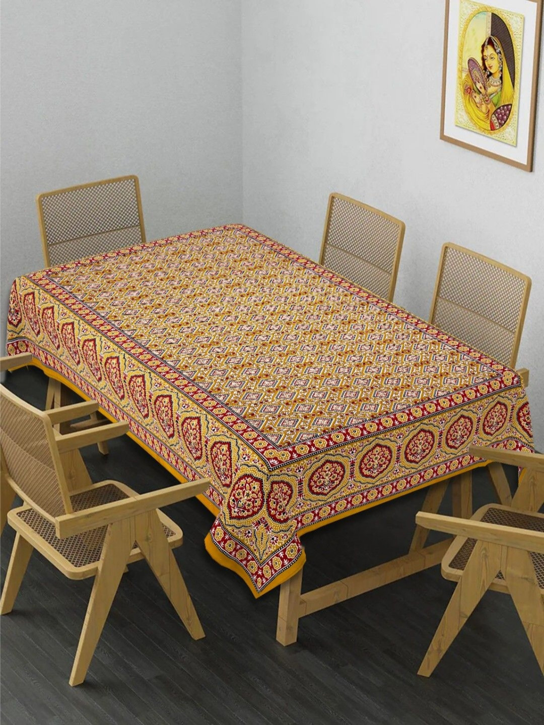

INDHOME LIFE Yellow & Red Floral Printed Cotton 210 TC 6-Seater Table Cover