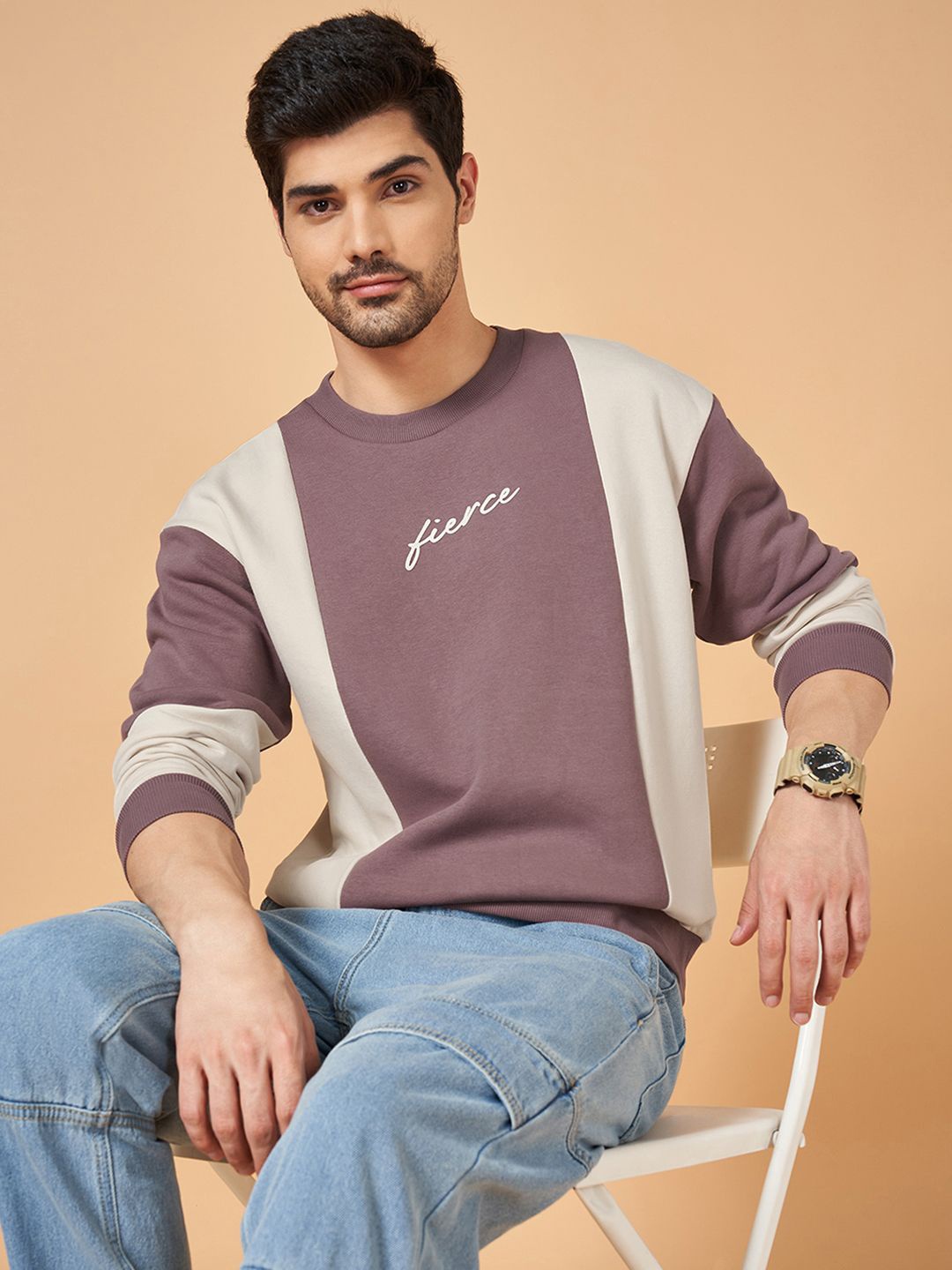 

People Men Colourblocked Round Neck Cotton Pullover Sweatshirt, Mauve