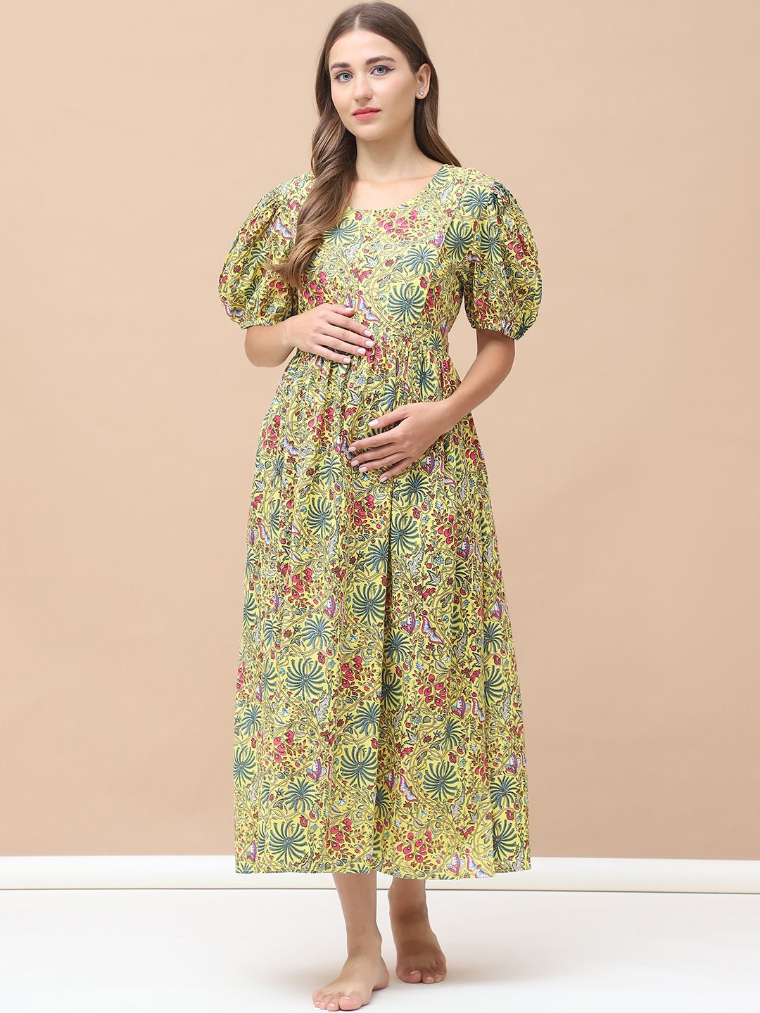 

Secret Wish Women Floral Printed Pure Cotton Maternity Nightdress, Yellow