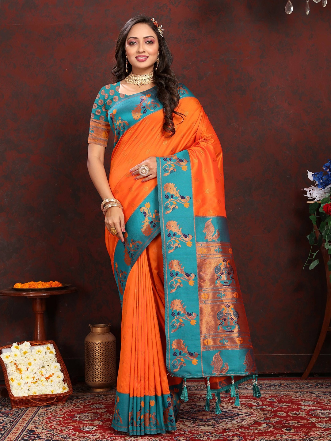 

Zeekha Woven Design Zari Pure Silk Paithani Saree, Orange