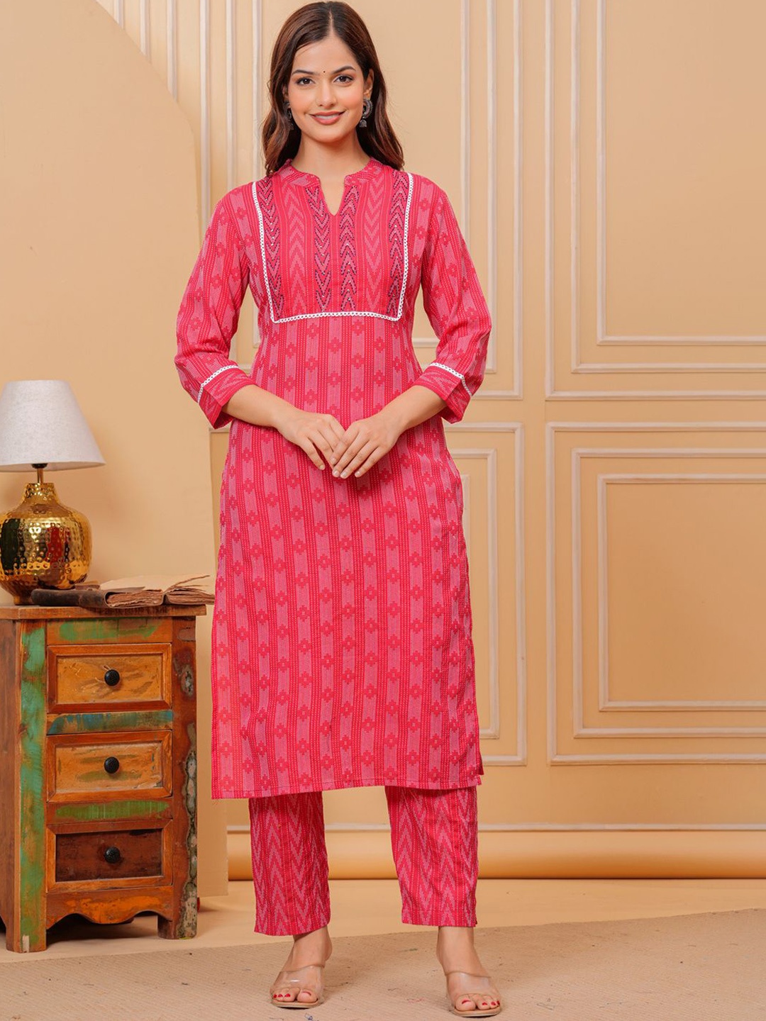 

KALINI Geometric Printed Mandarin Collar Pure Cotton Kurta with Palazzos, Red