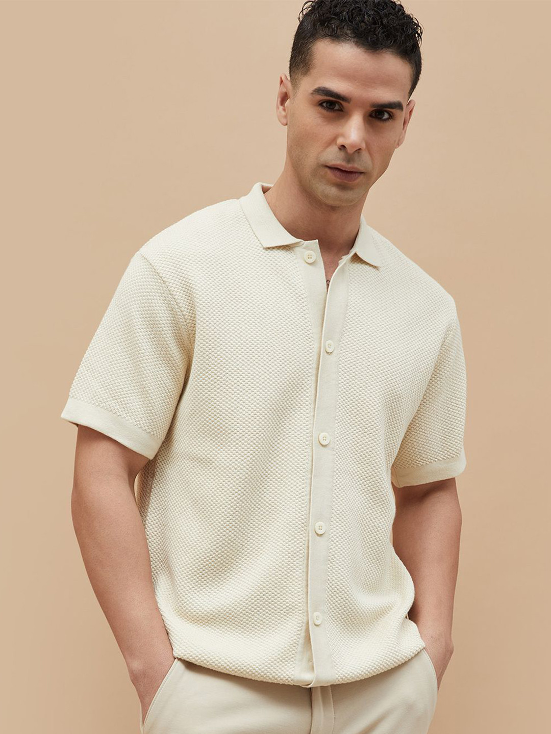 

CODE by Lifestyle Men Spread Collar Textured Cotton Casual Shirt, Beige
