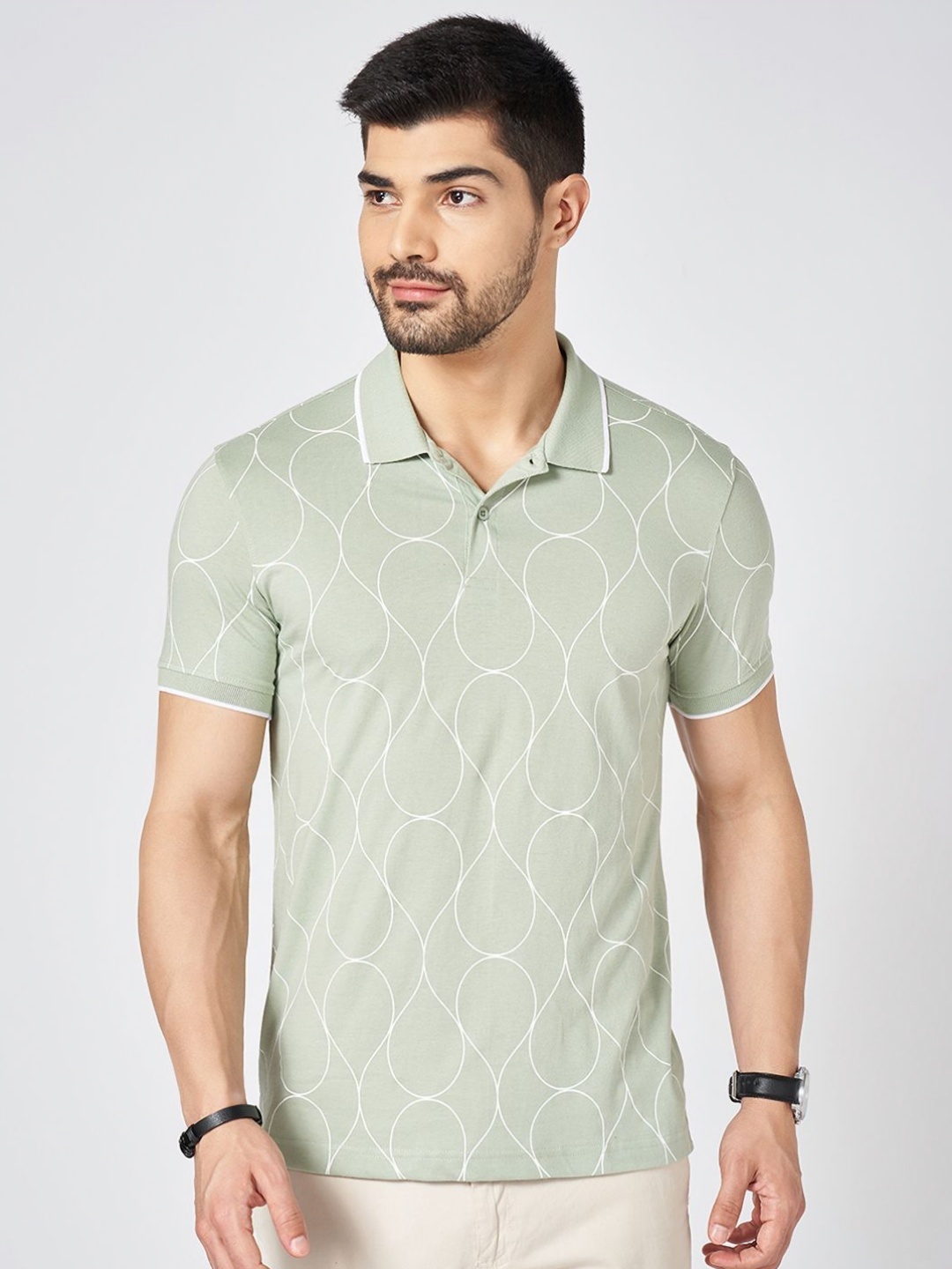 

BYFORD by Pantaloons Men Geometric Printed Polo Collar Cotton Slim Fit T-shirt, Green