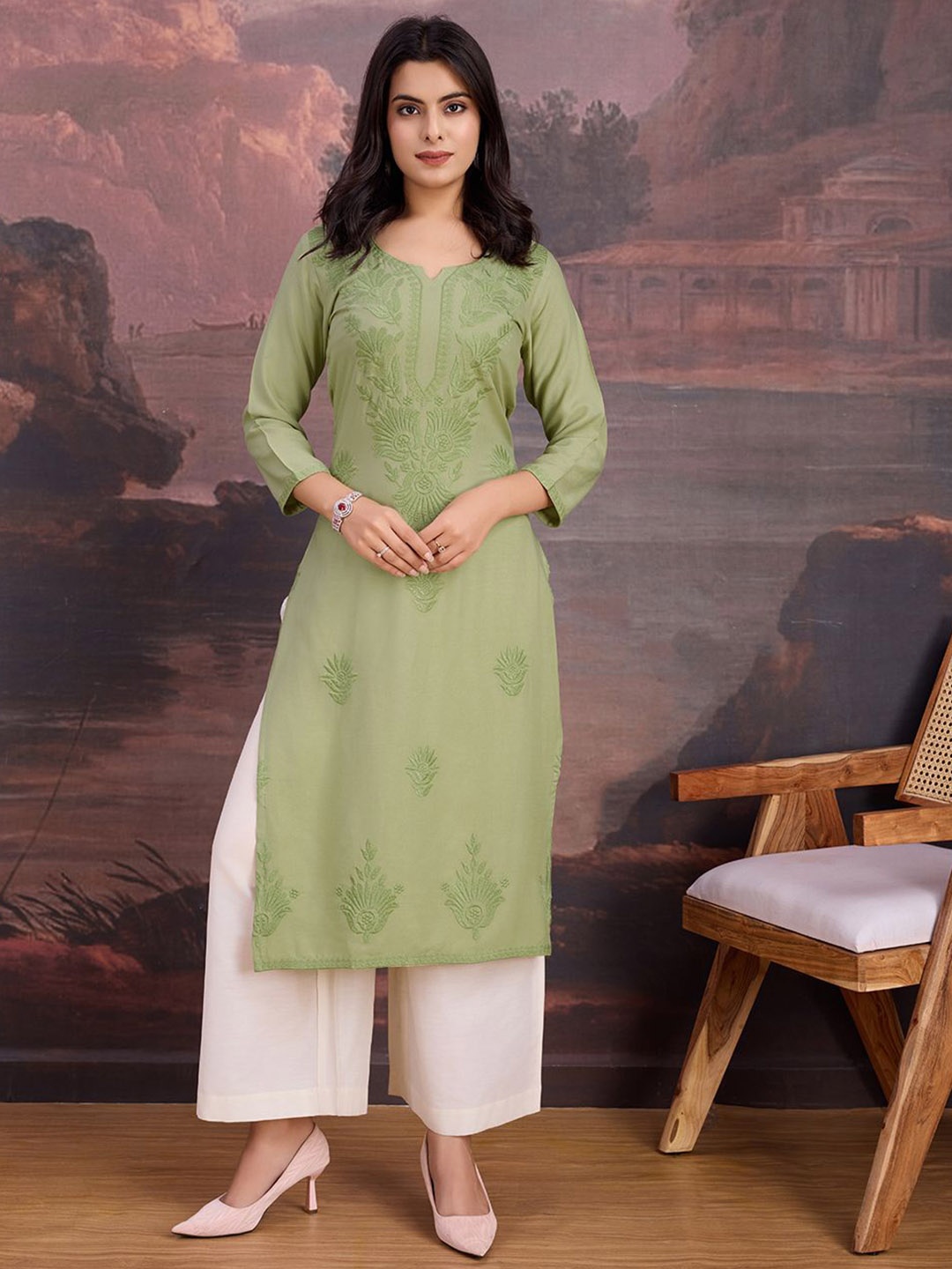 

House of Pataudi Embroidered Straight Kurtas, Olive